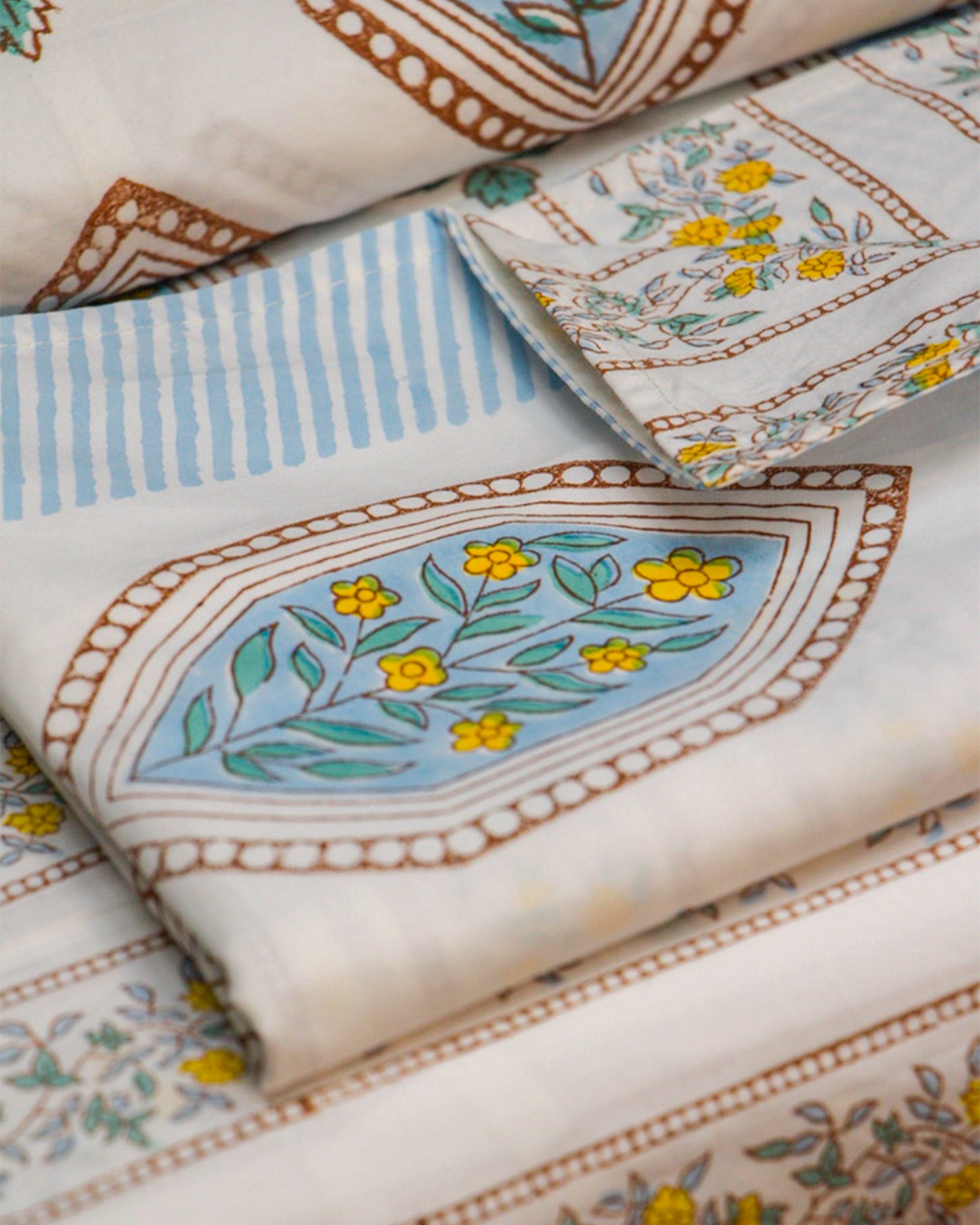 2026 Collection - Bed Sheet - Blue Floral Jaipuri Hand Block Pure Cotton Parkhel Print Double Bedsheet with 2 Pillow Covers - 90X108 Inches
