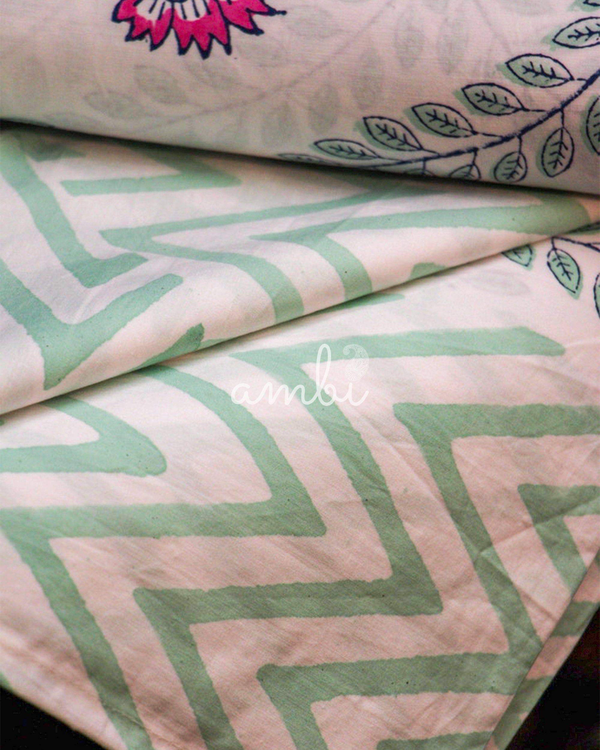 2026 Collection - Bedsheet - Pink Blossom Jaipuri Hand Block Pure Cotton Parkhel Print Double Bedsheet with 2 Pillow Covers - 108X108 Inches