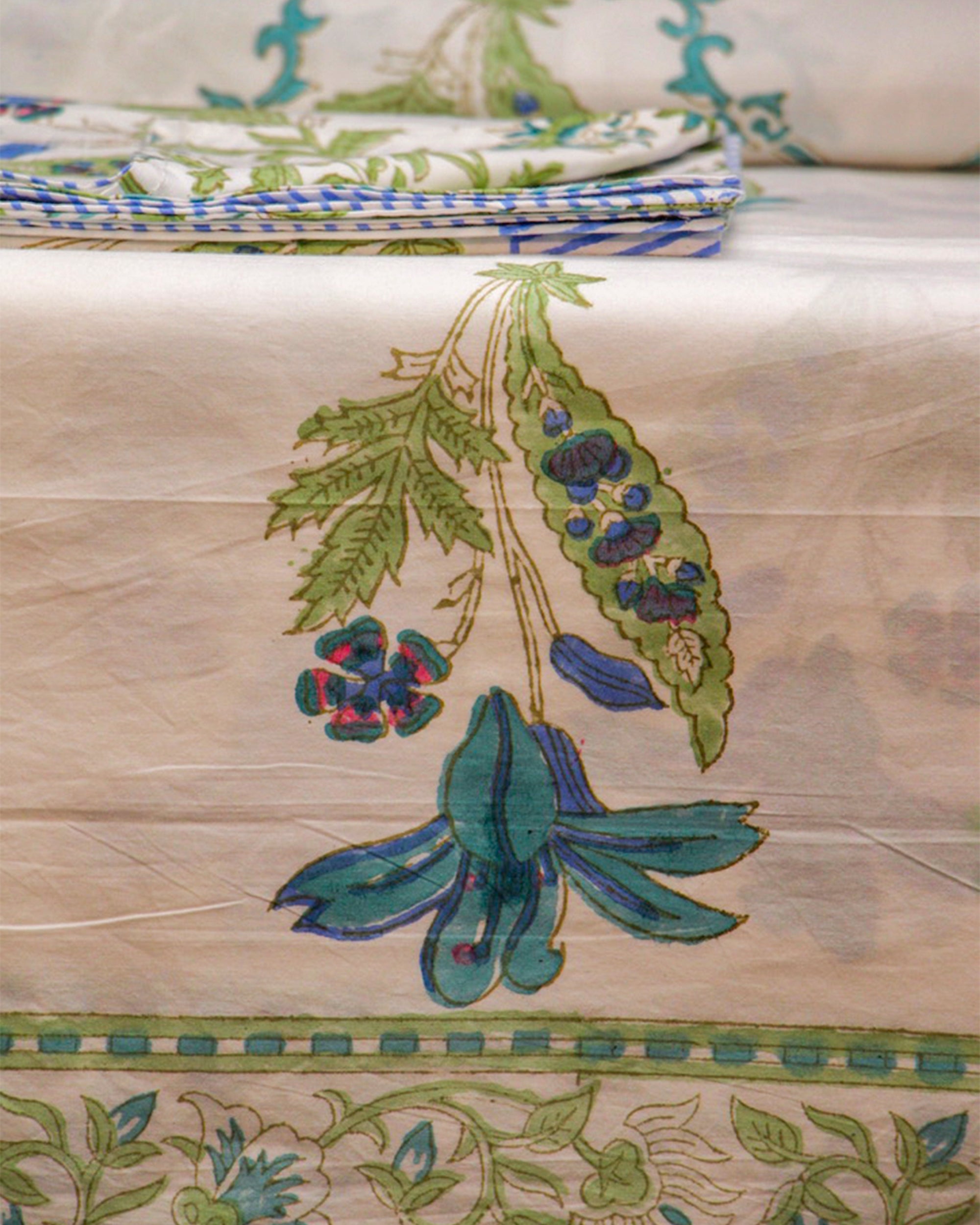 2025 Collection - Bed Sheet - Blue Blossom Jaipuri Hand Block Pure Cotton Parkhel Print Double Bedsheet with 2 Pillow Covers - 90X108 Inches