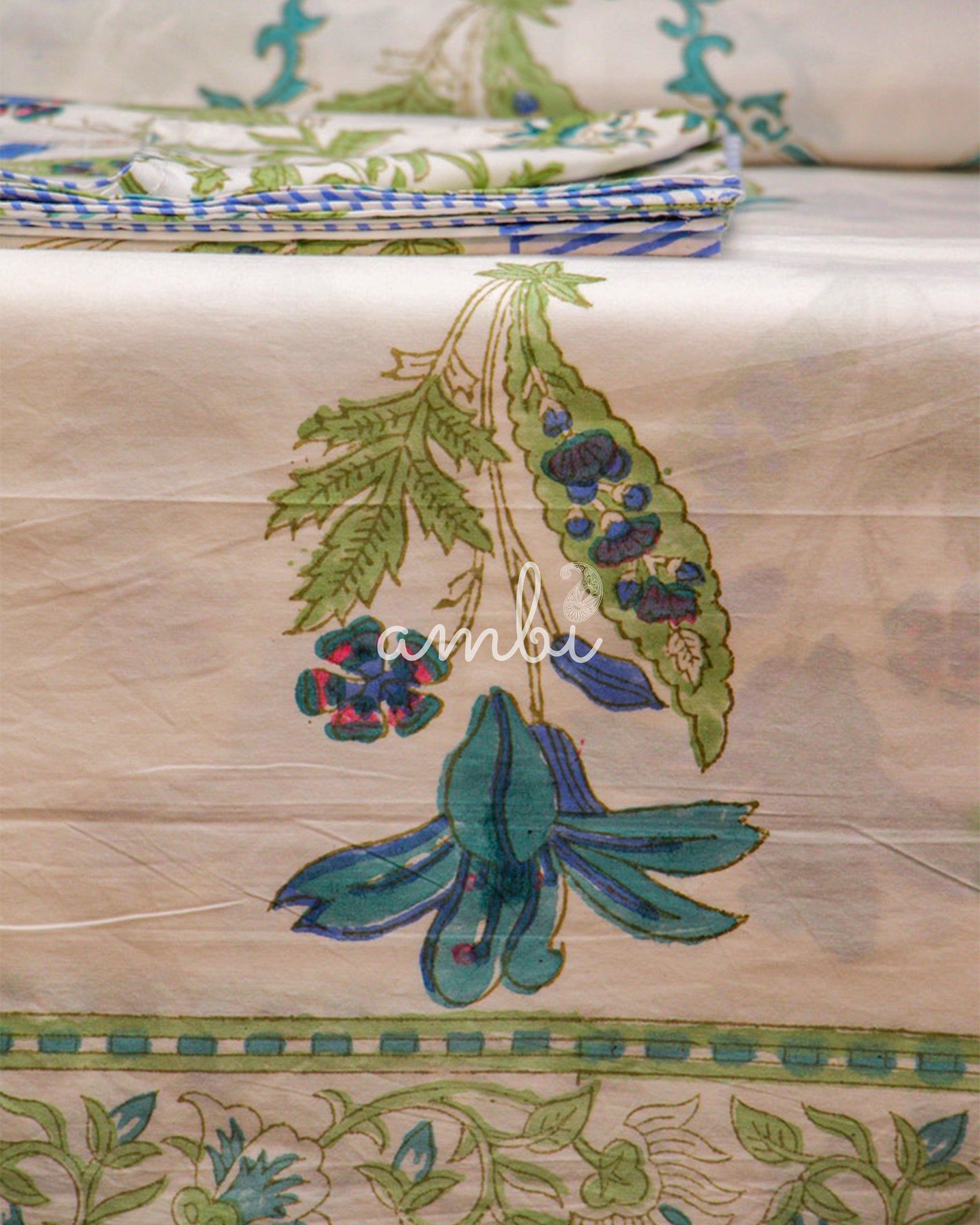 2026 Collection - Bed Sheet - Blue Blossom Jaipuri Hand Block Pure Cotton Parkhel Print Double Bedsheet with 2 Pillow Covers - 90X108 Inches