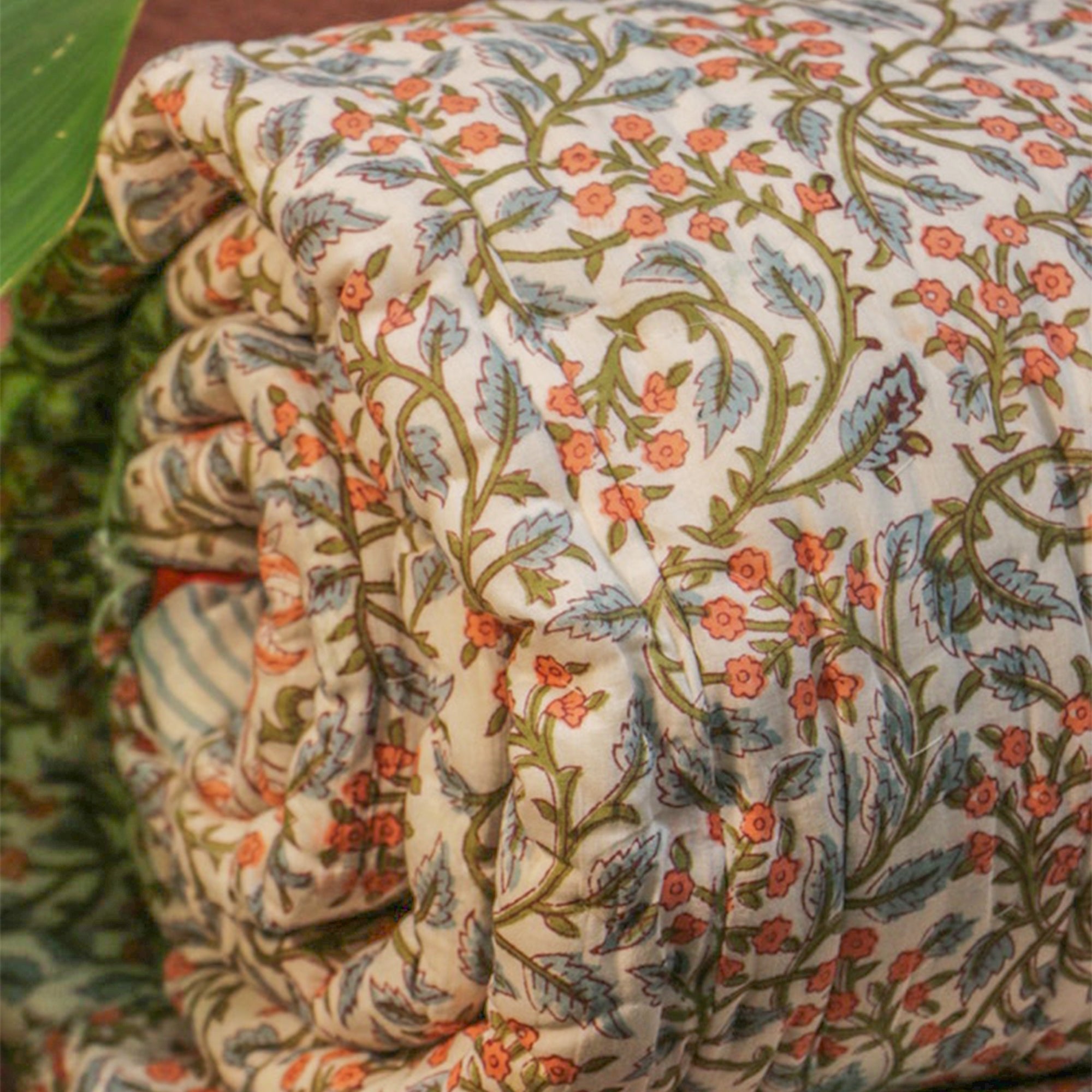 2026 Collection - Pink Flowers Hand Block Printed Jaipuri Rajai Quilt- Double - 90X108 Inches