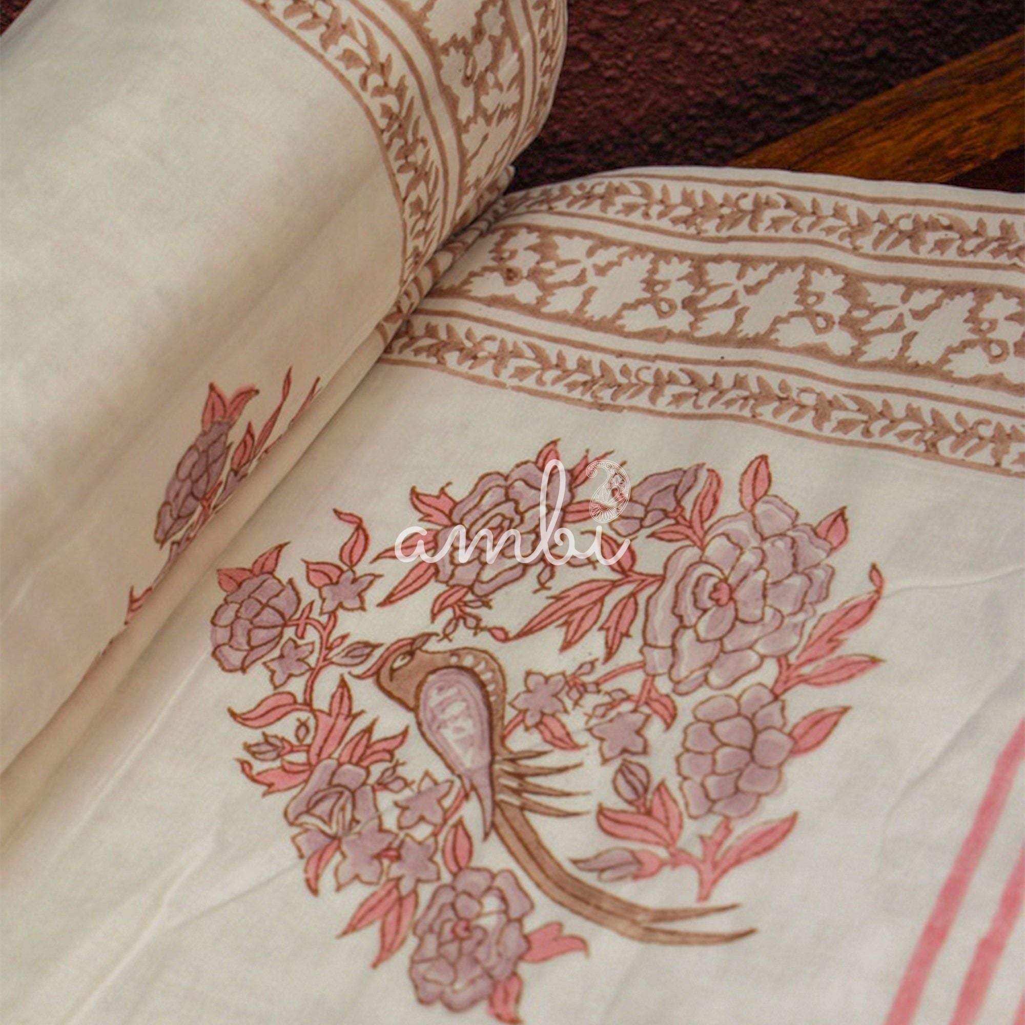 2026 Collection - Jaipuri Pink Parrot Mulmul Triple Layer Reversible Dohar (Double Bed) - 90X108 Inches