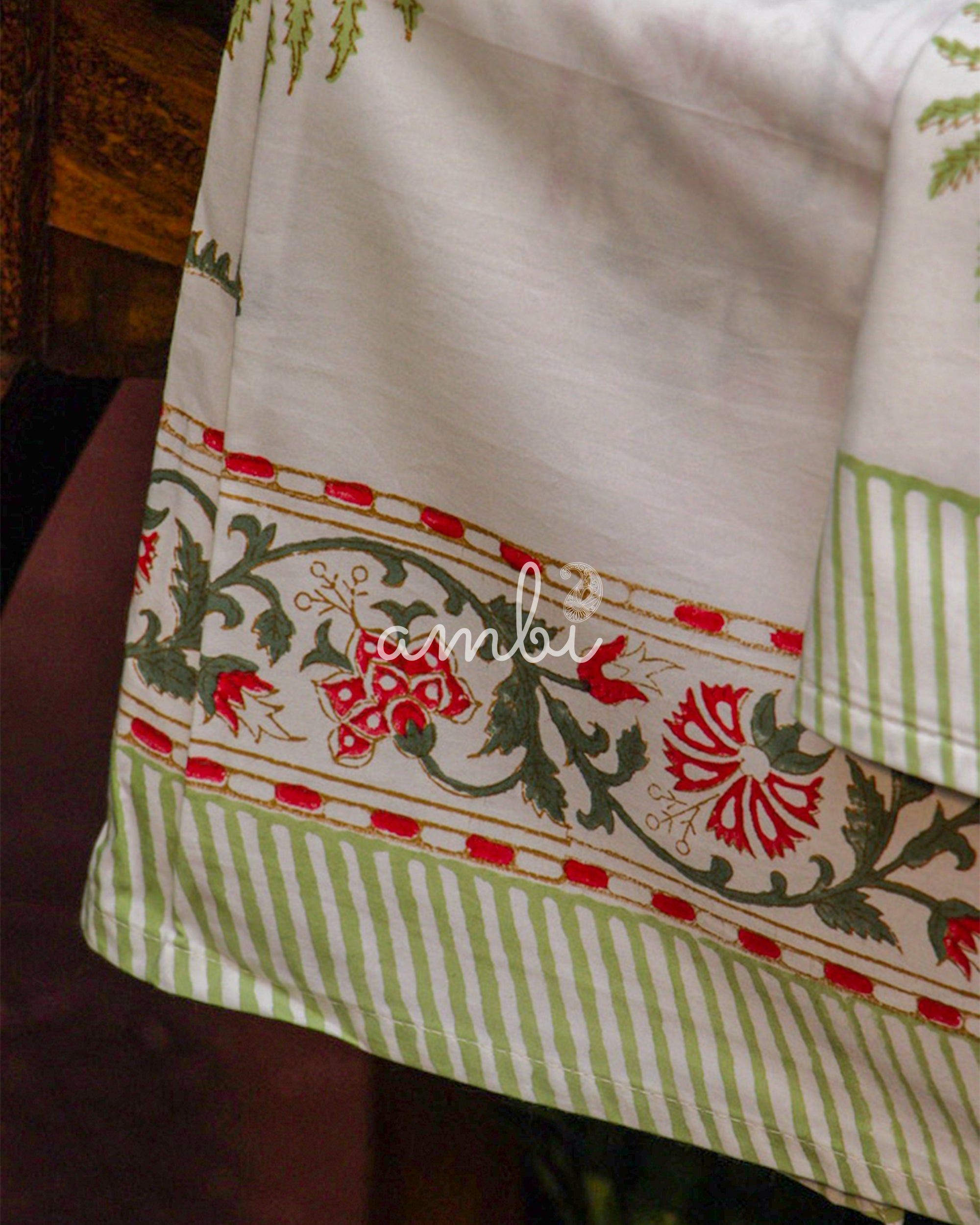 2026 Collection - Bed Sheet - Green Floral Jaipuri Hand Block Pure Cotton Parkhel Print Double Bedsheet with 2 Pillow Covers - 90X108 Inches