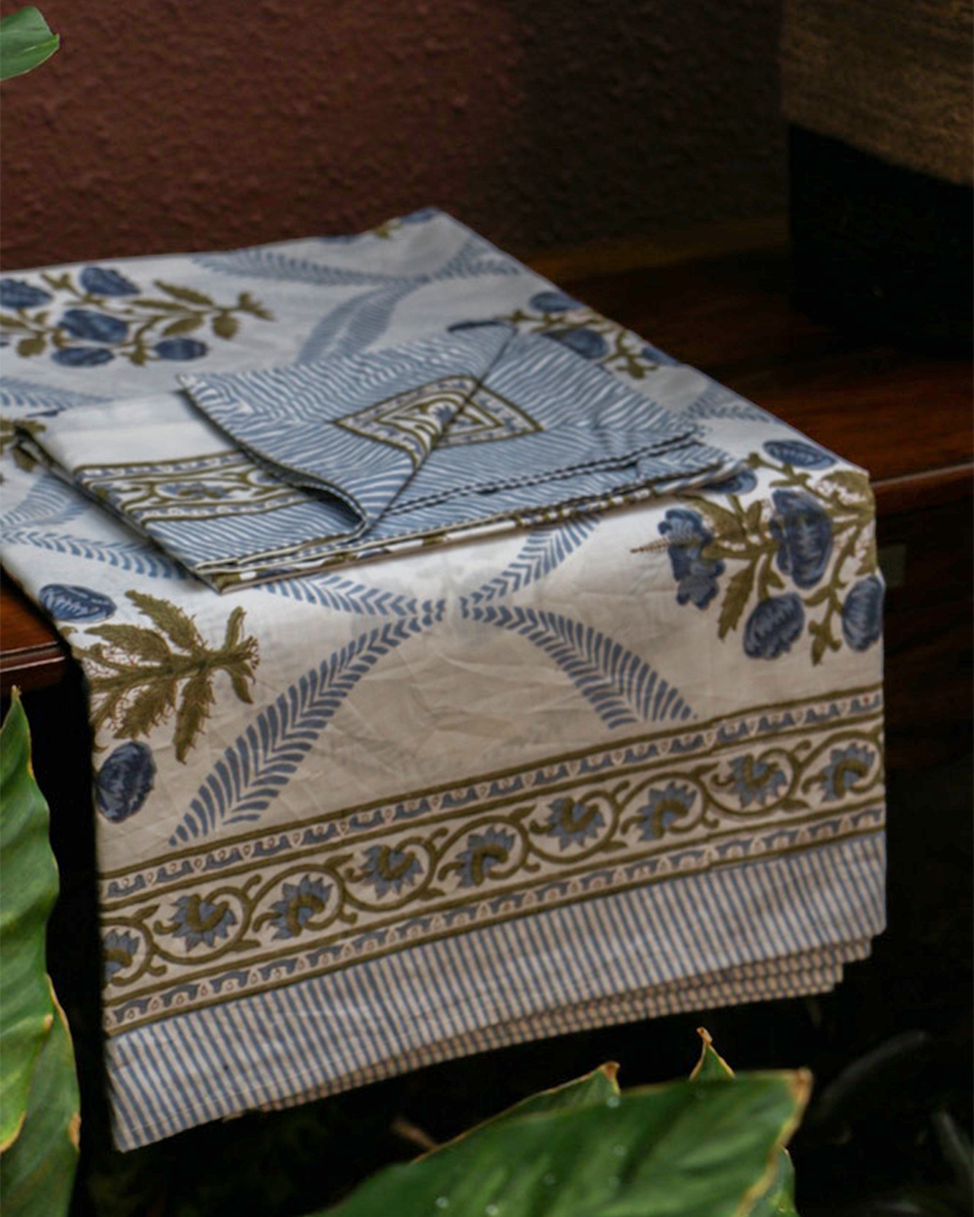 2025 Collection - Bed Sheet - Blue Blossom Jaipuri Hand Block Pure Cotton Parkhel Print Double Bedsheet with 2 Pillow Covers - 108X108 Inches