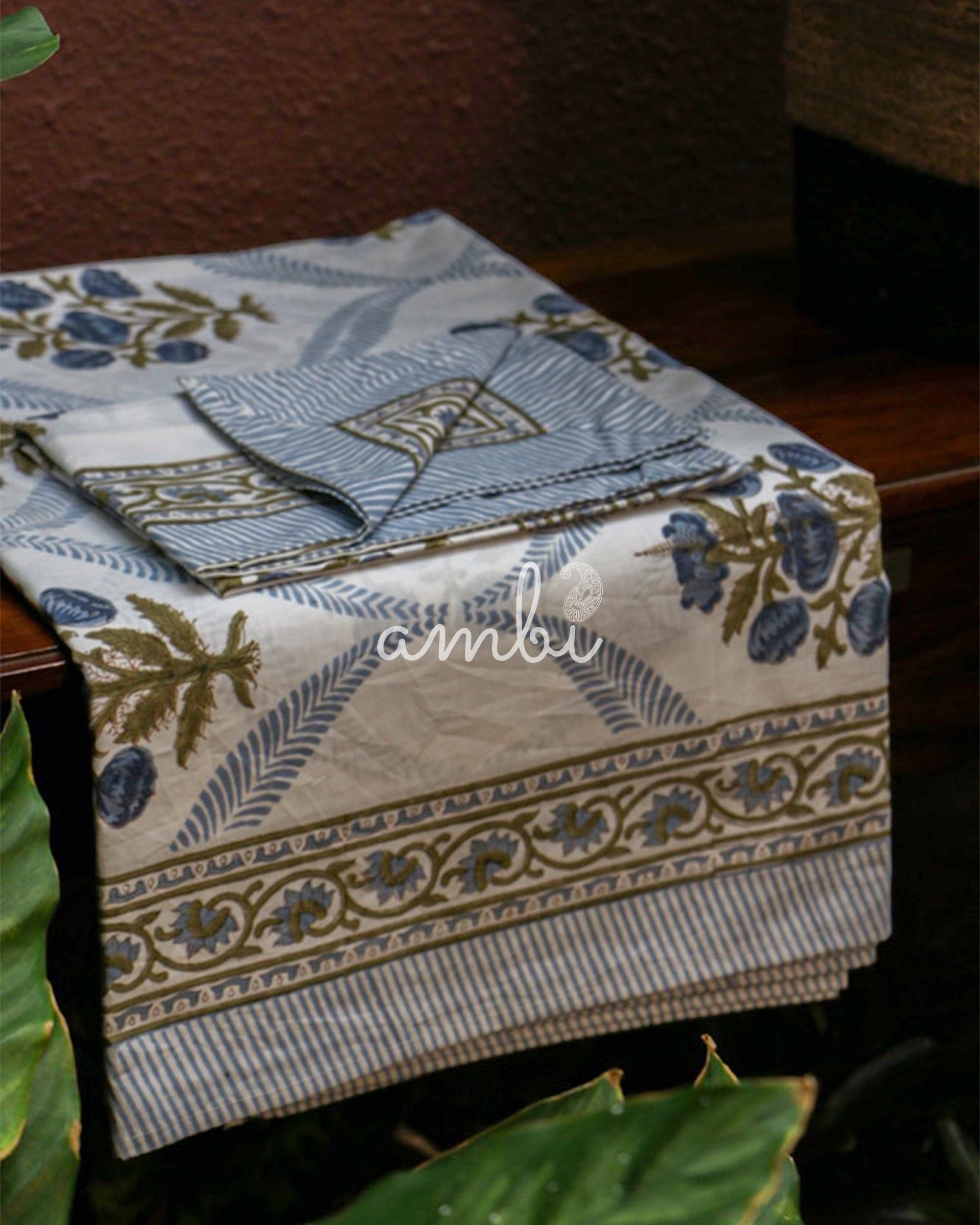 2026 Collection - Bed Sheet - Blue Blossom Jaipuri Hand Block Pure Cotton Parkhel Print Double Bedsheet with 2 Pillow Covers - 108X108 Inches