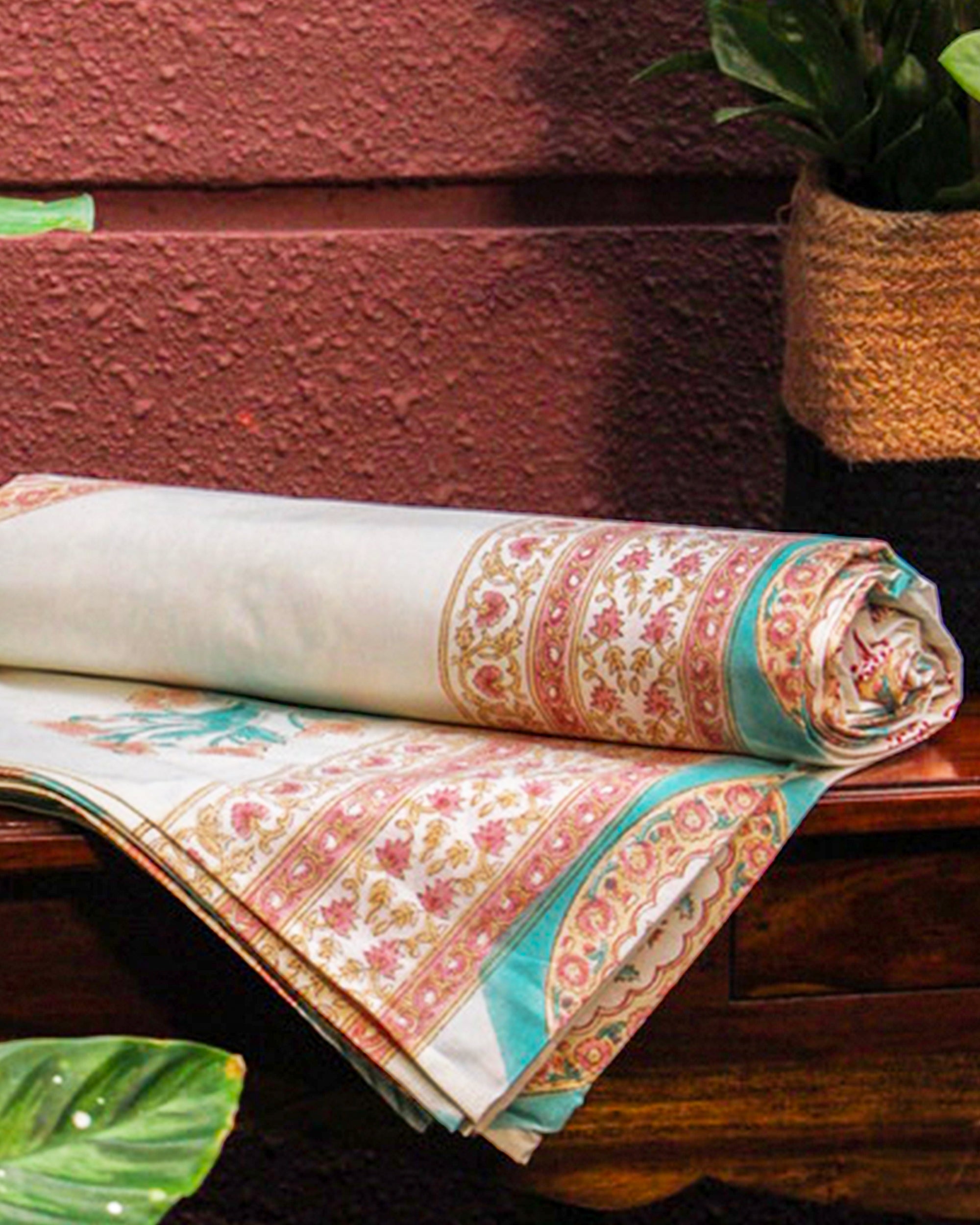 2026 Collection - Orange Blossom Jaipuri Hand Block Pure Cotton Parkhel Print Double Bedsheet with 2 Pillow Covers - 108X108 Inches
