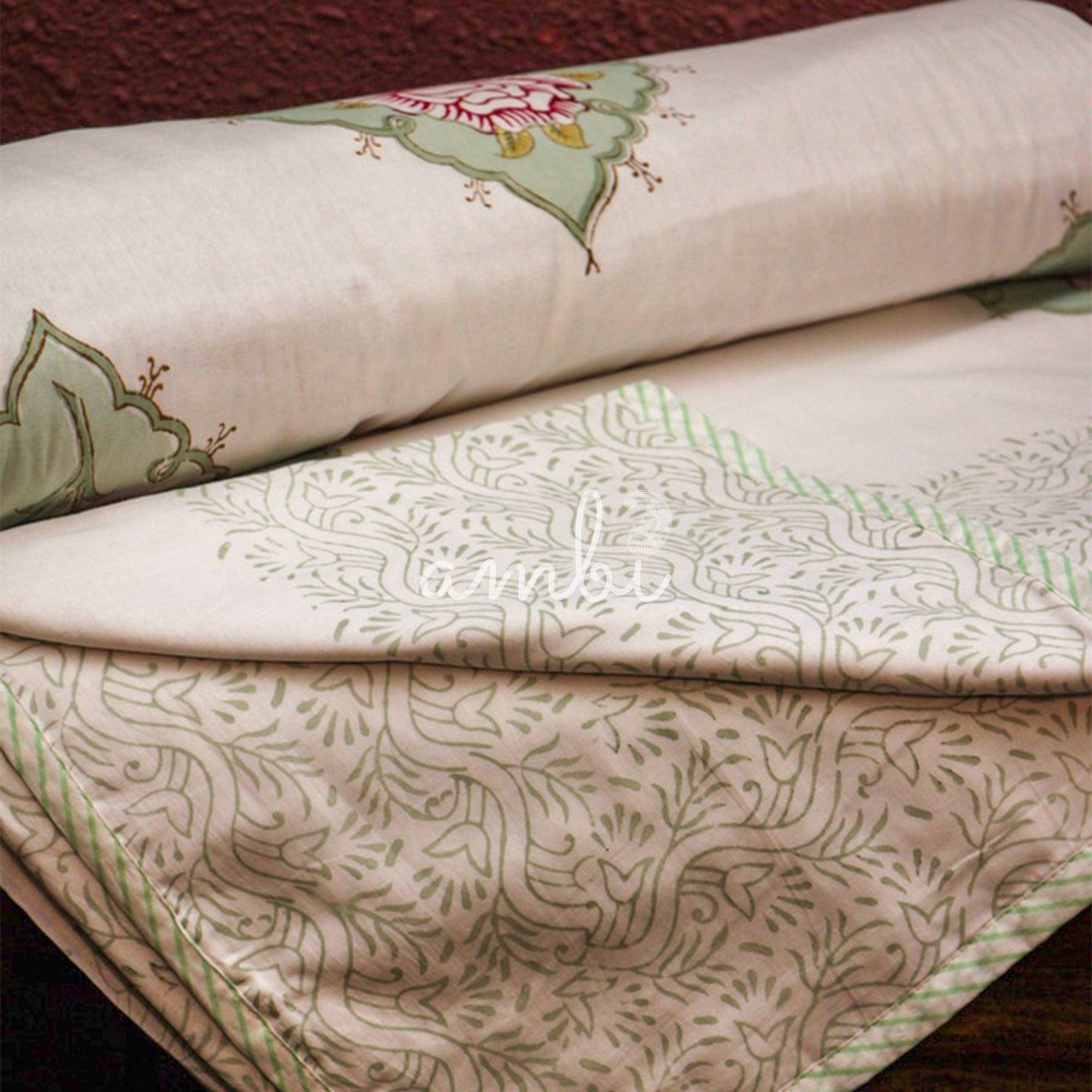 2026 Collection - Jaipuri Green Floral Mulmul Triple Layer Reversible Dohar (Double Bed) - 90X108 Inches