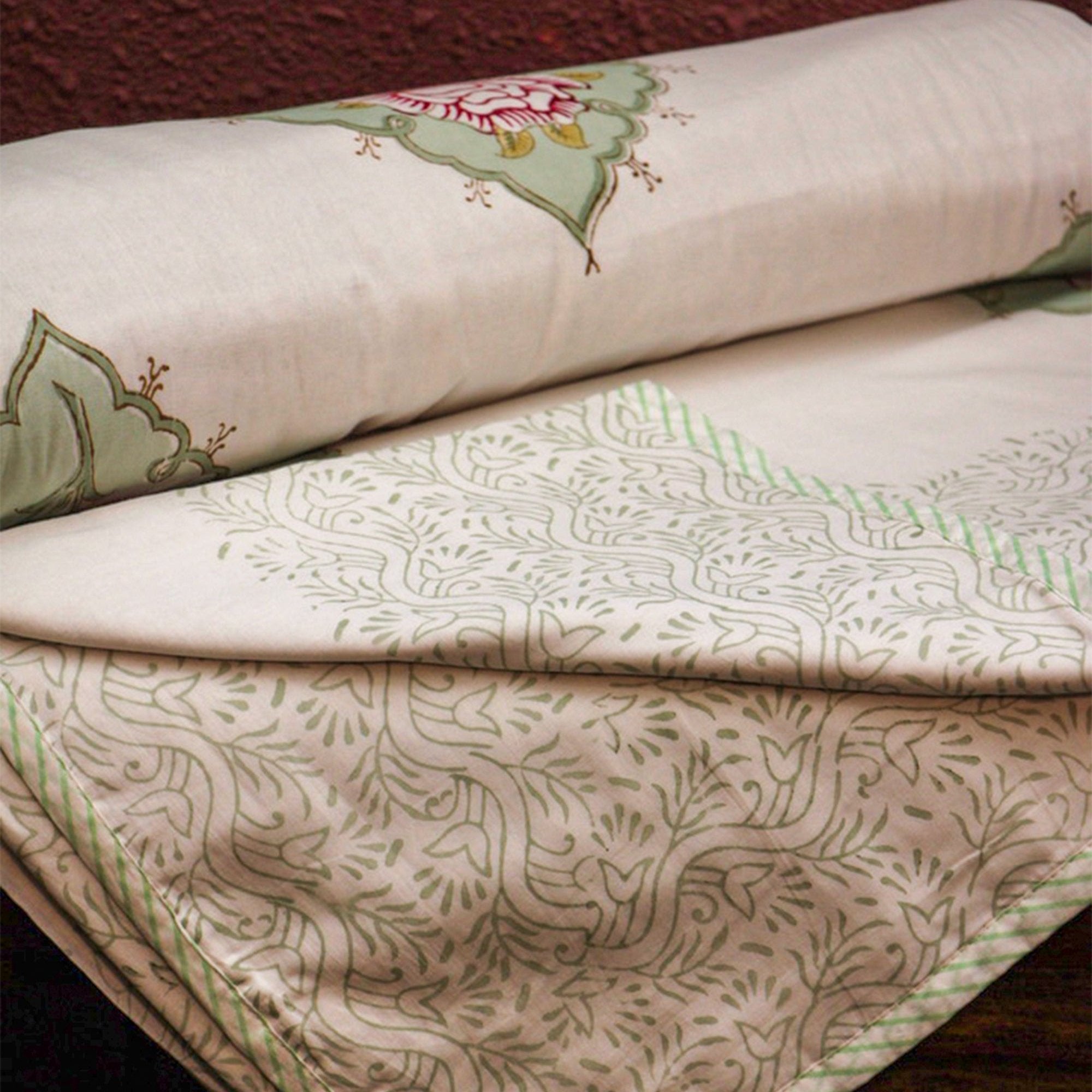 2026 Collection - Jaipuri Green Floral Mulmul Triple Layer Reversible Dohar (Double Bed) - 90X108 Inches