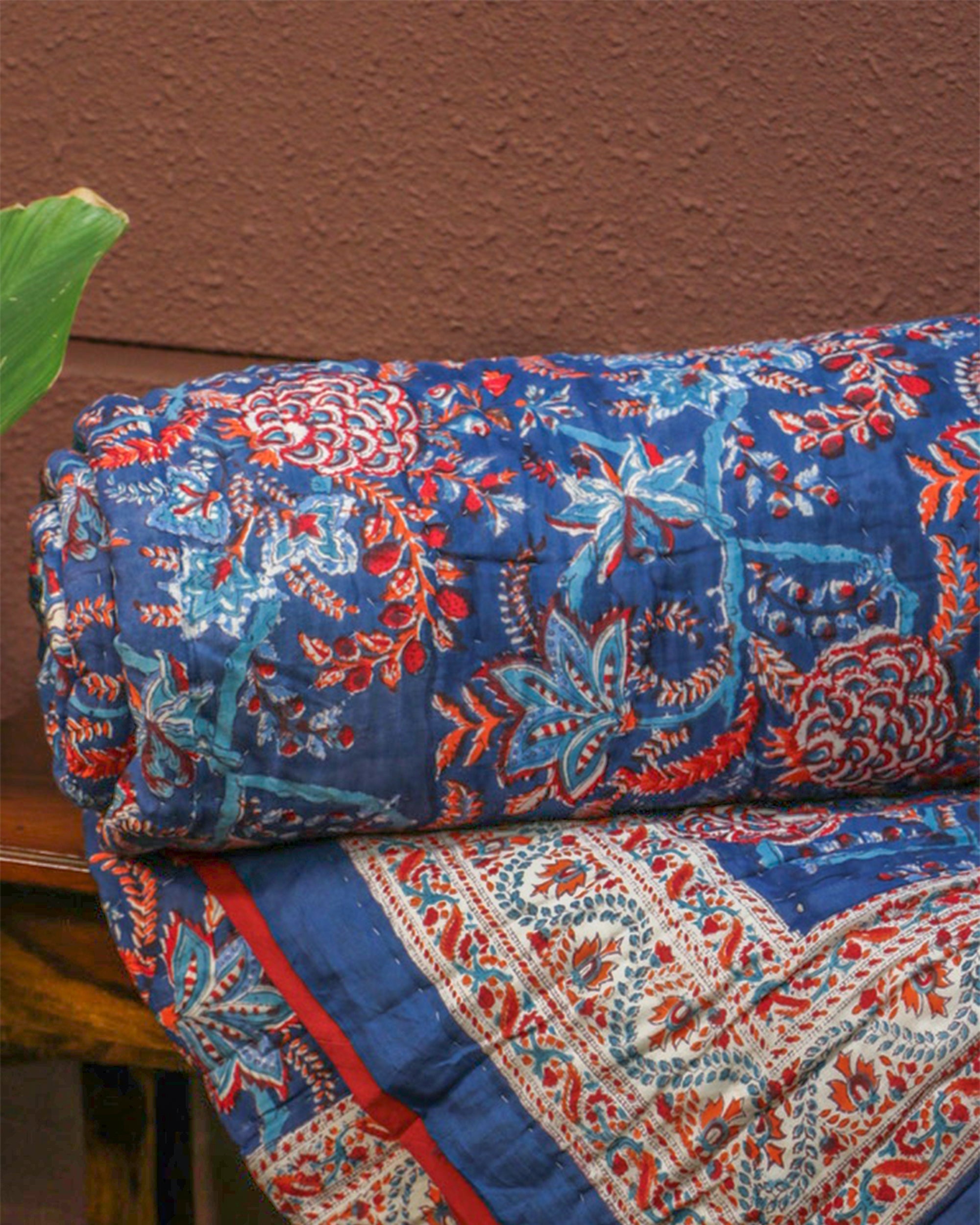 2026 Collection - Dark Blue and Red Hand Block Printed Jaipuri Rajai / Quilt- Double - 90X108 Inches
