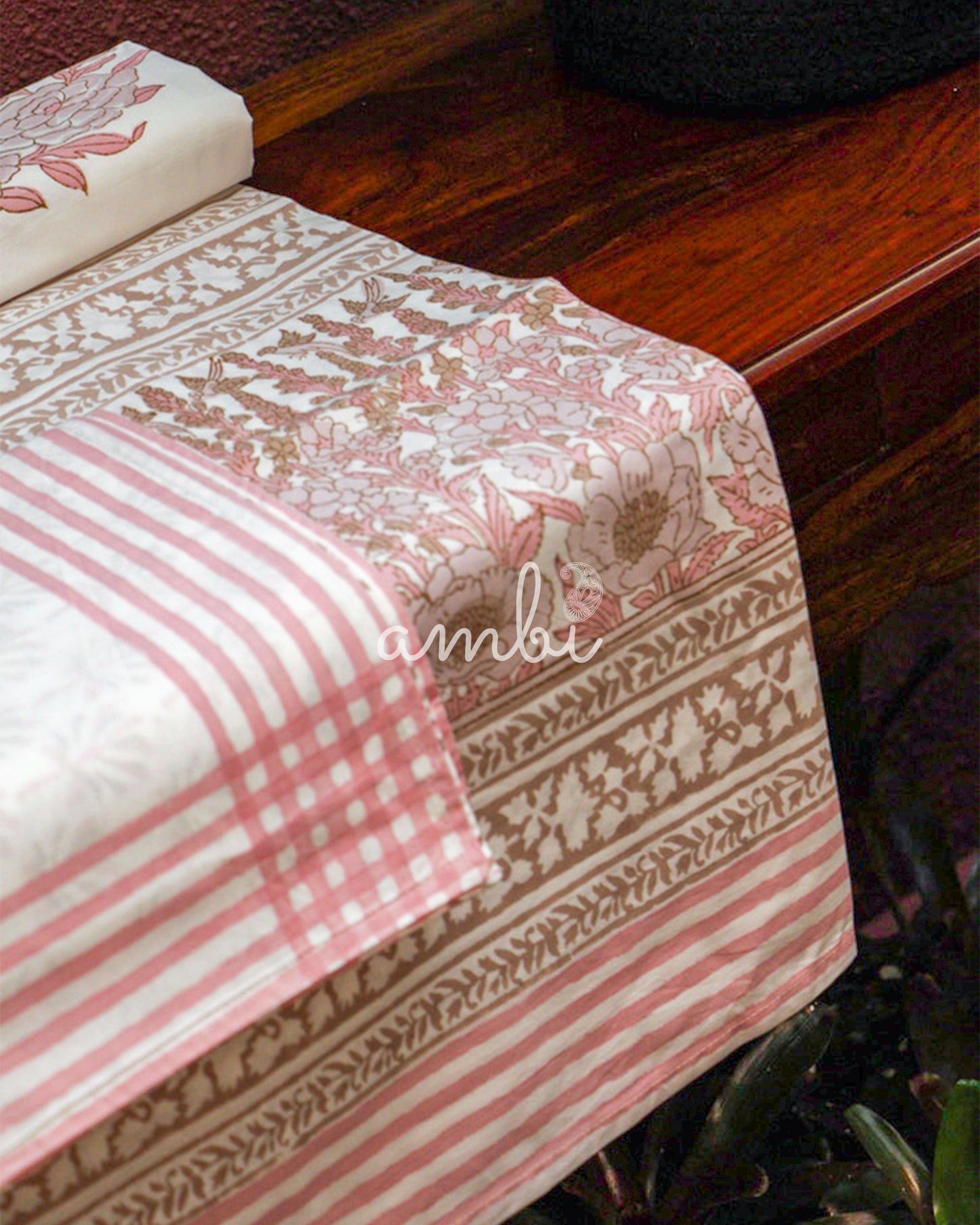 2026 Collection - Bed Sheet - Pink Parrot Jaipuri Hand Block Pure Cotton Parkhel Print Double Bedsheet with 2 Pillow Covers - 90X108 Inches