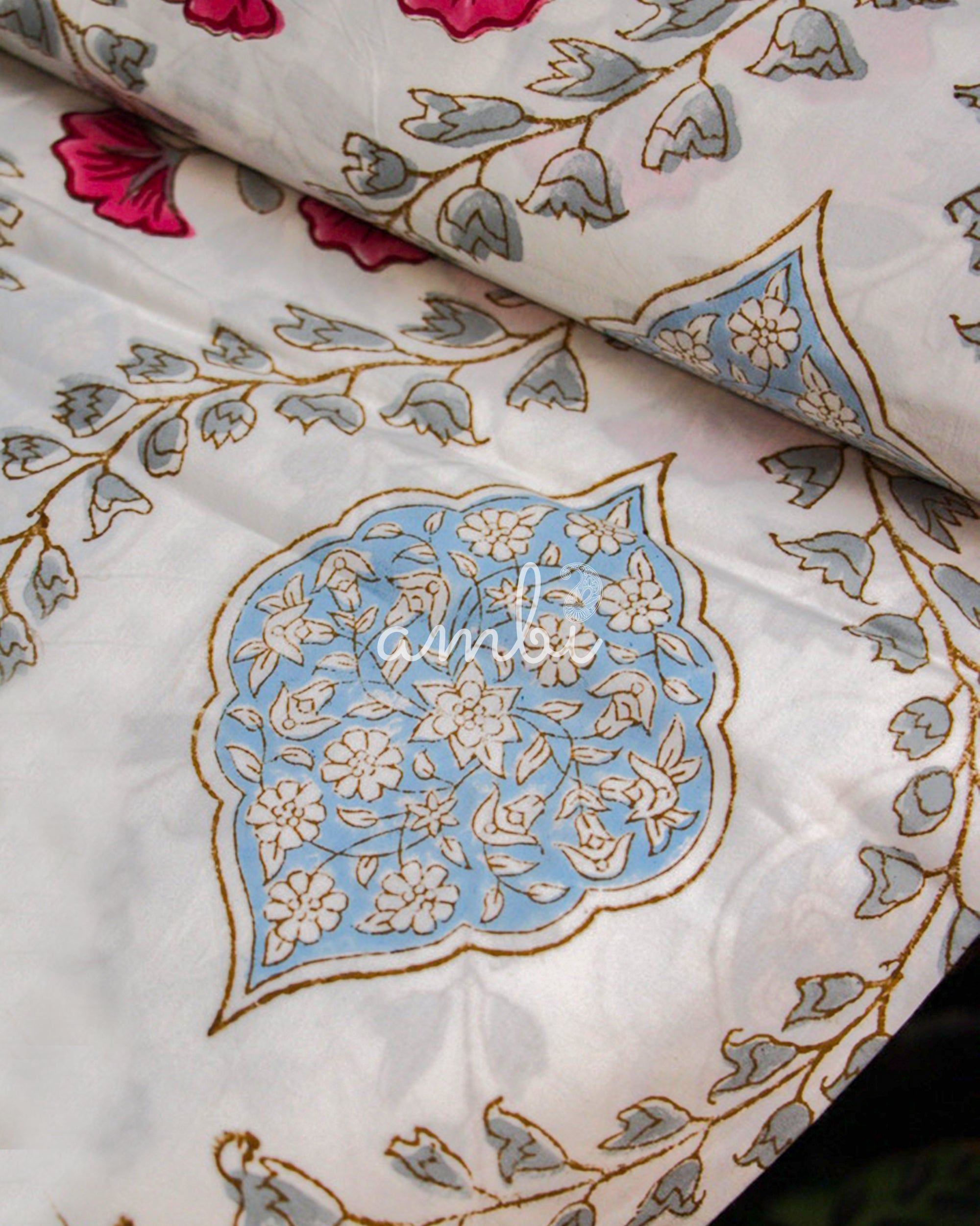 2026 Collection - Bed Sheet - Pink Pattern Jaipuri Hand Block Pure Cotton Parkhel Print Double Bedsheet with 2 Pillow Covers - 108X108 Inches