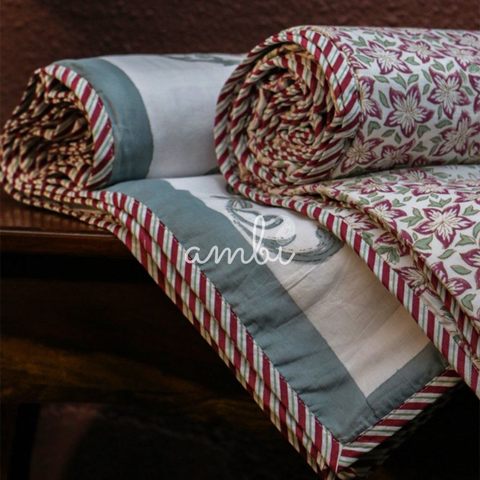 2026 Collection - White Floral Jaipuri Floral Mulmul Triple Layer Reversible Dohar (Single Bed, Pair of 2) - 60X90 Inches