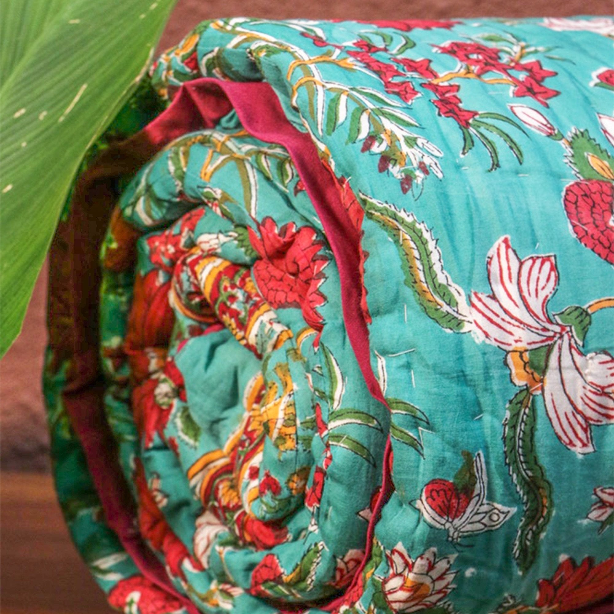 2026 Collection - Green & Red Hand Block Printed Jaipuri Rajai / Quilt- Double - 90X108 Inches