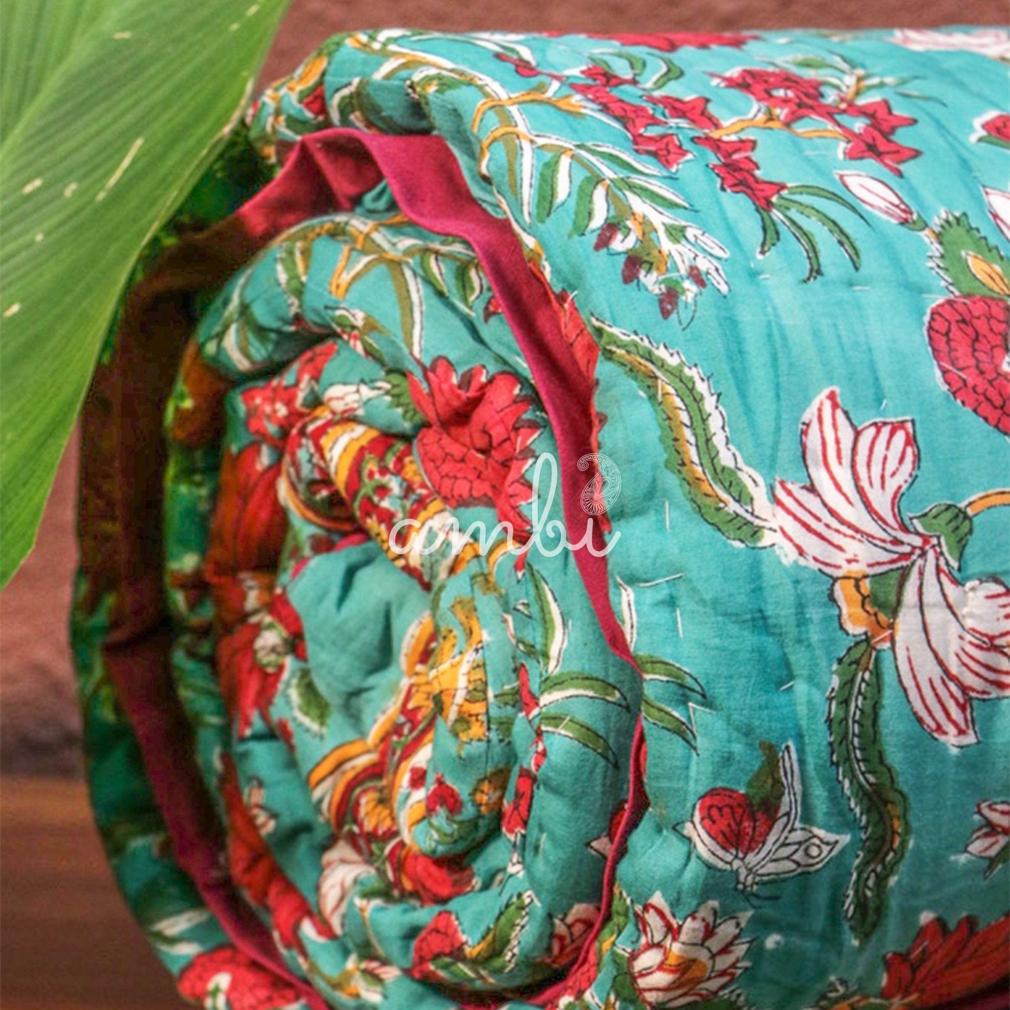 2026 Collection - Green & Red Hand Block Printed Jaipuri Rajai / Quilt- Double - 90X108 Inches