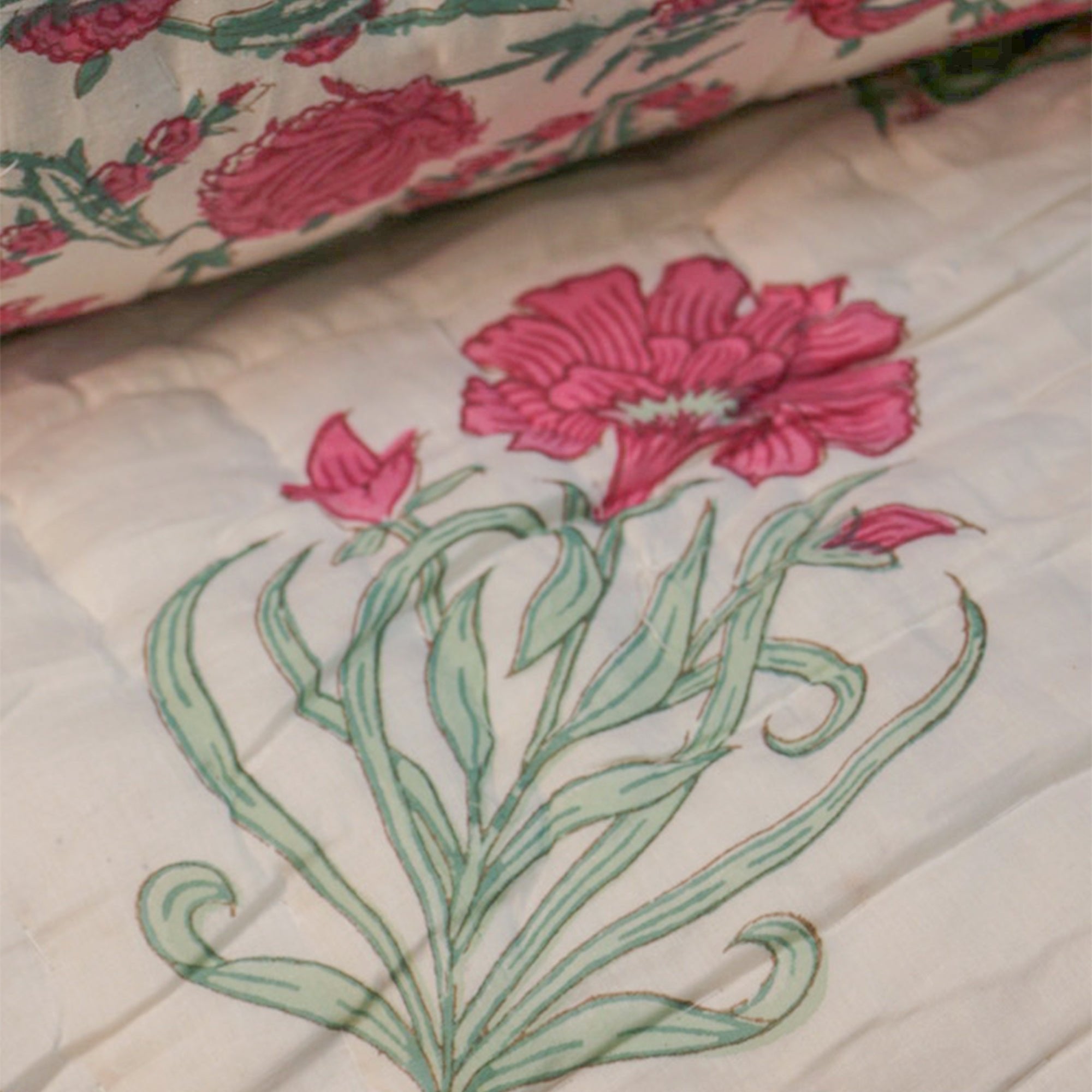 Diwali 2025 Collection.- Pink & Green Hand Block Printed Jaipuri Rajai / Quilt- Double - 90X108 Inches