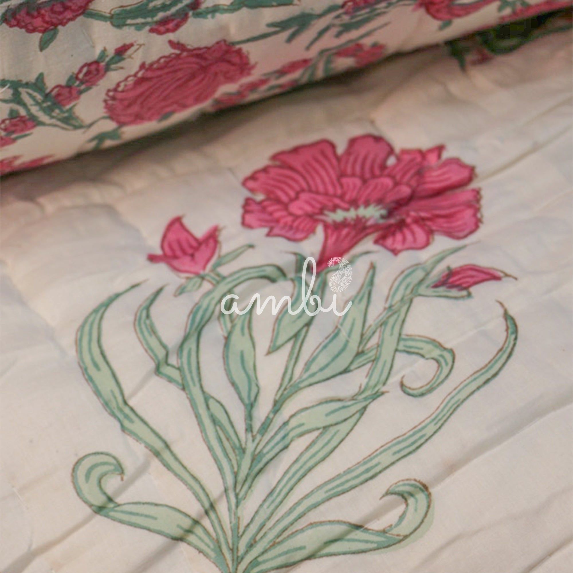2026 Collection - Pink & Green Hand Block Printed Jaipuri Rajai / Quilt- Double - 90X108 Inches