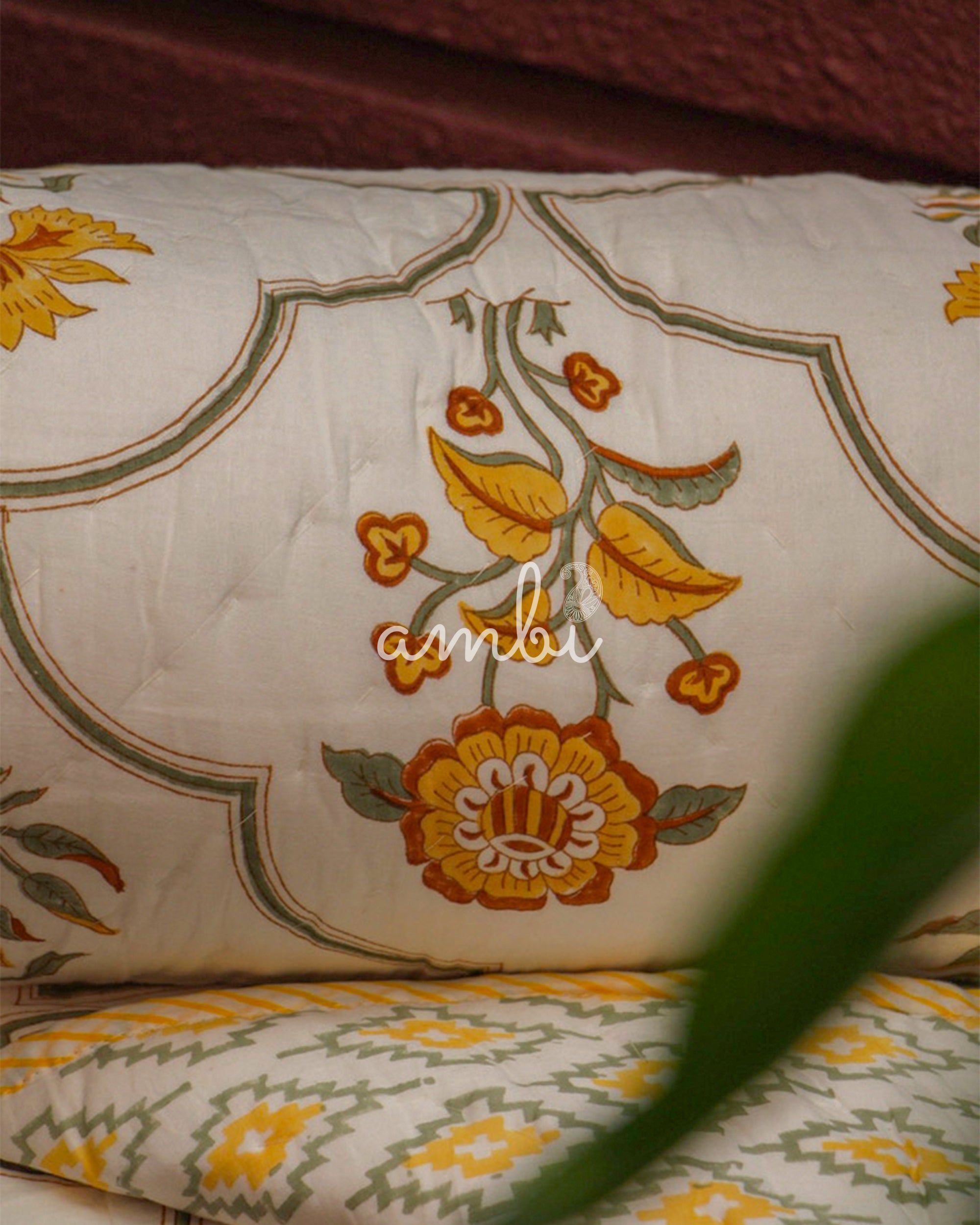 2026 Collection - Floral Yellow Hand Block Printed Jaipuri / Rajai Quilt- Double - 90X108 Inches