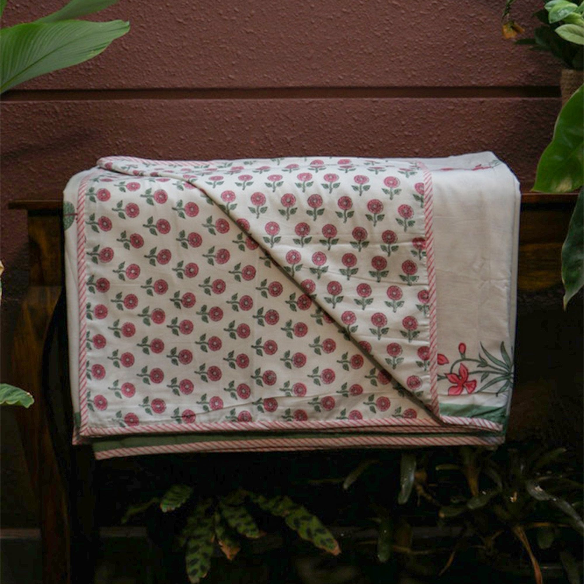 2026 Collection - Jaipuri Pink Motif Floral Mulmul Triple Layer Reversible Dohar (Double Bed) - 90X108 Inches
