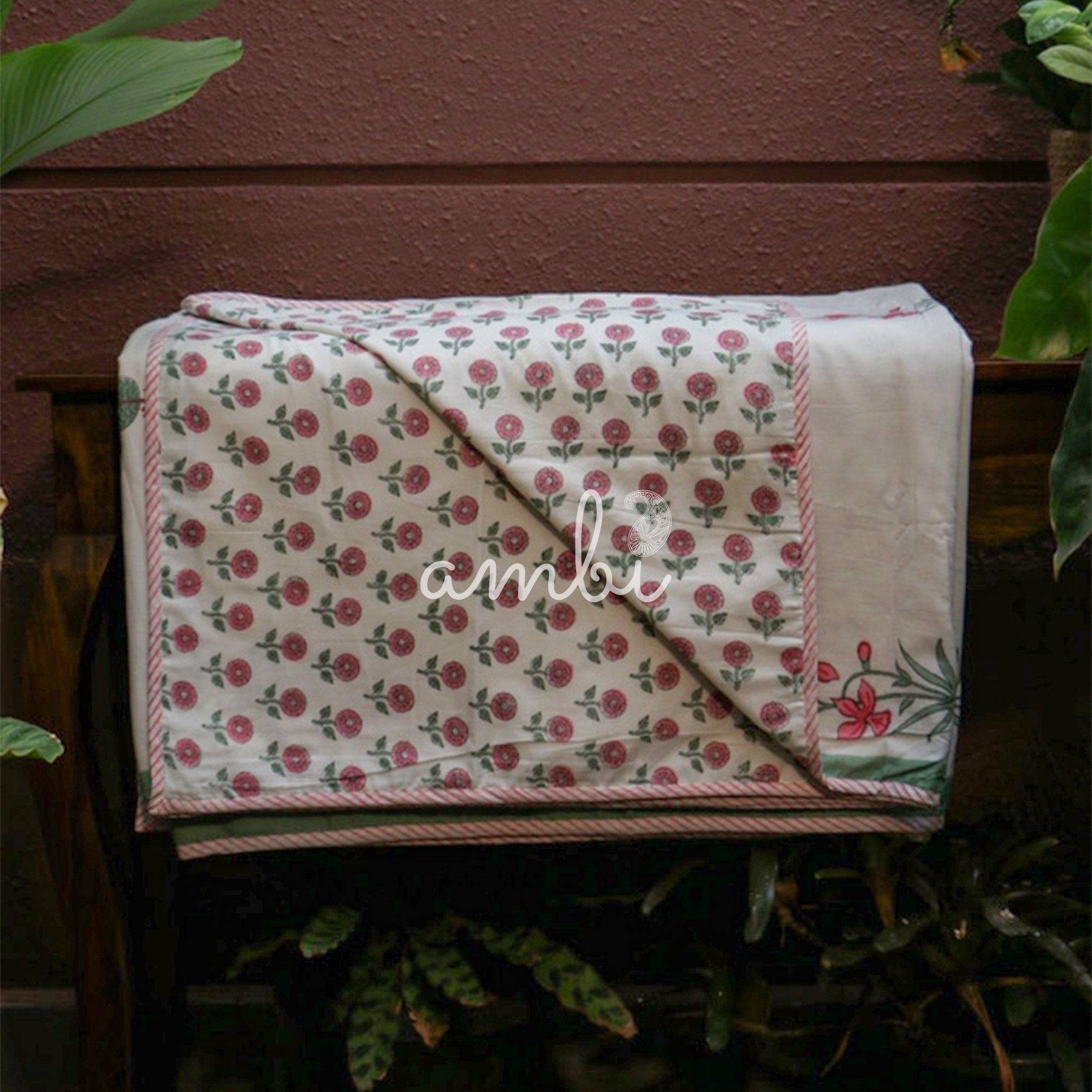 2026 Collection - Jaipuri Pink Motif Floral Mulmul Triple Layer Reversible Dohar (Double Bed) - 90X108 Inches