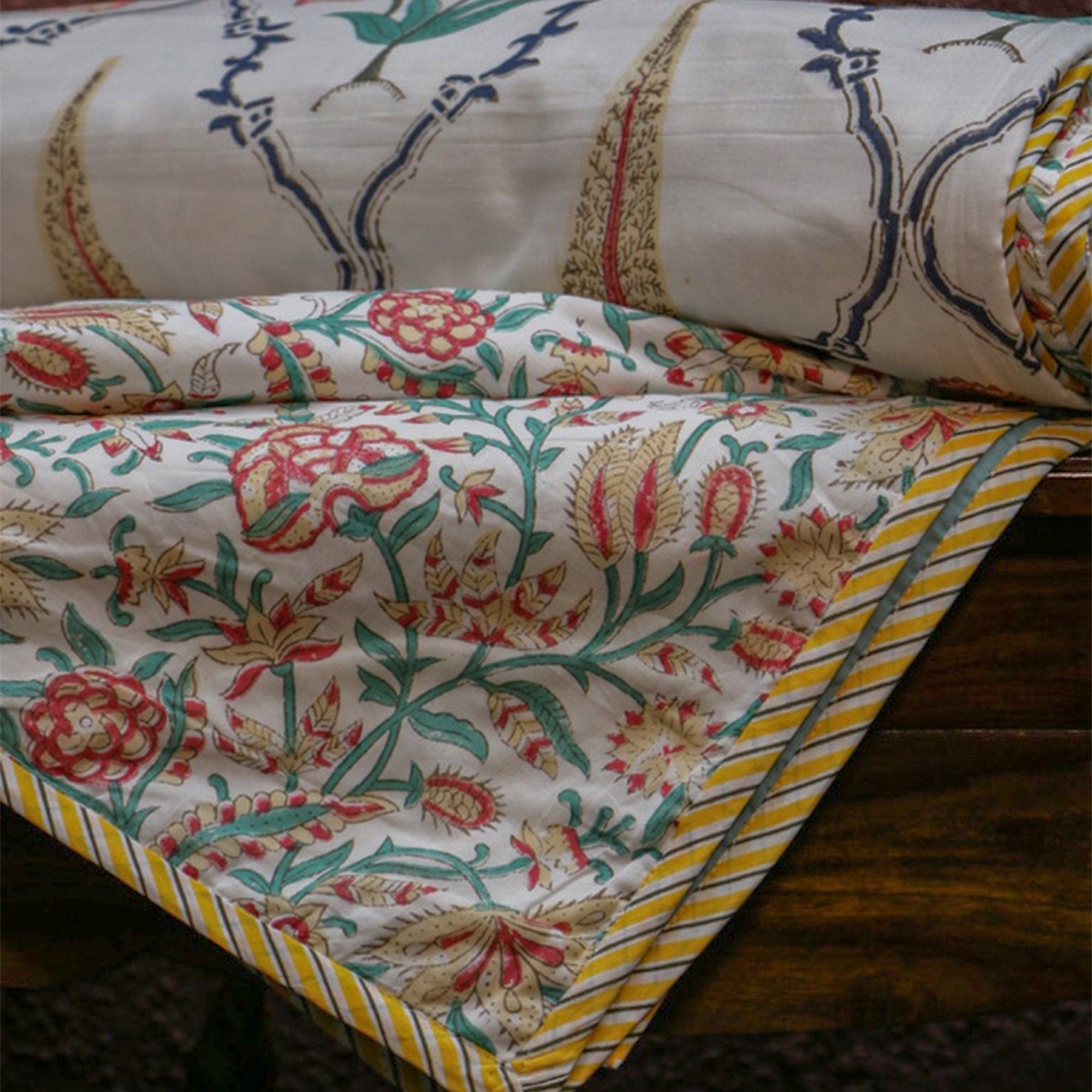 Diwali 2025 Collection - Jaipuri White Multicolor Mulmul Triple Layer Reversible Dohar (Double Bed) - 90X108 Inches