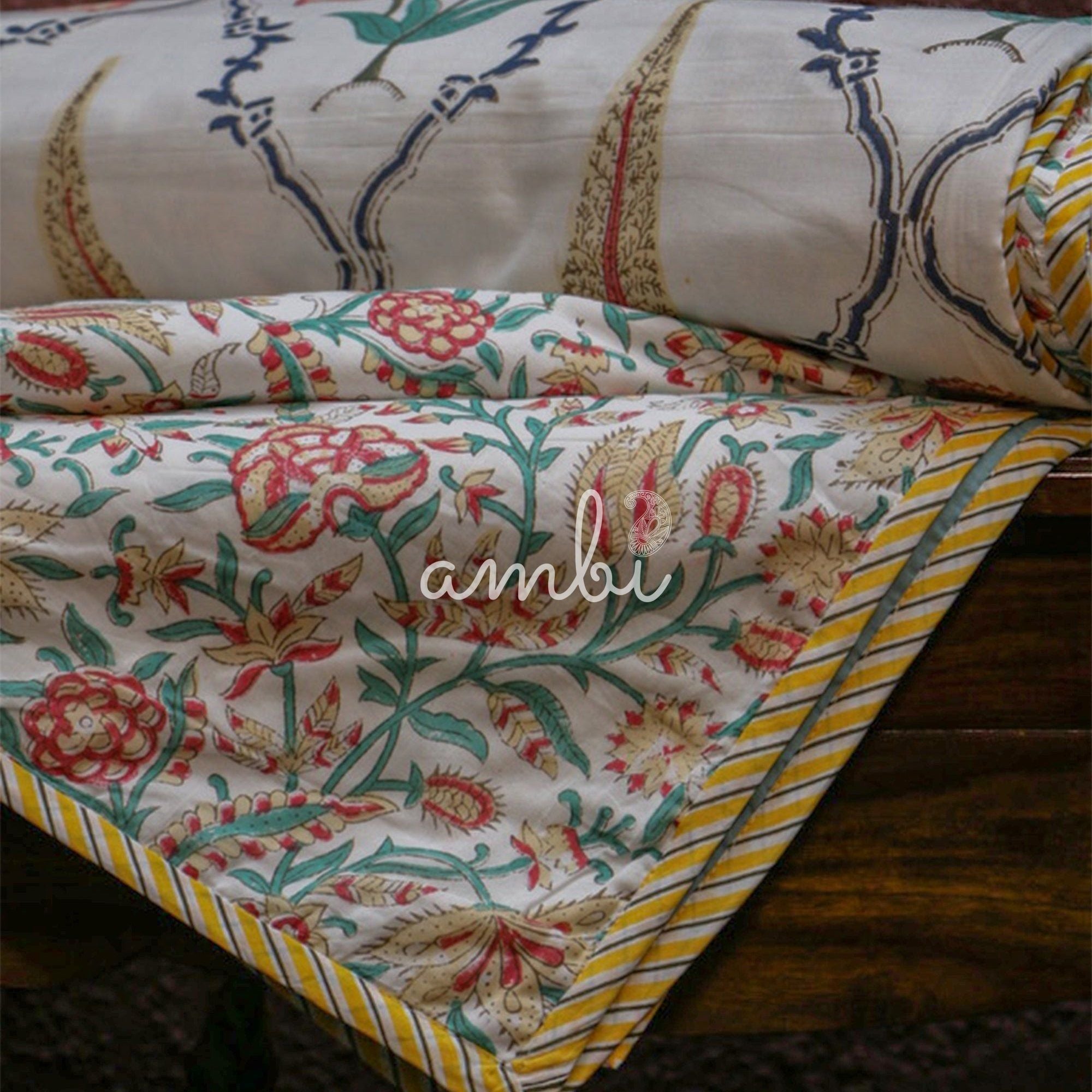 2026 Collection - Jaipuri White Multicolor Mulmul Triple Layer Reversible Dohar (Double Bed) - 90X108 Inches