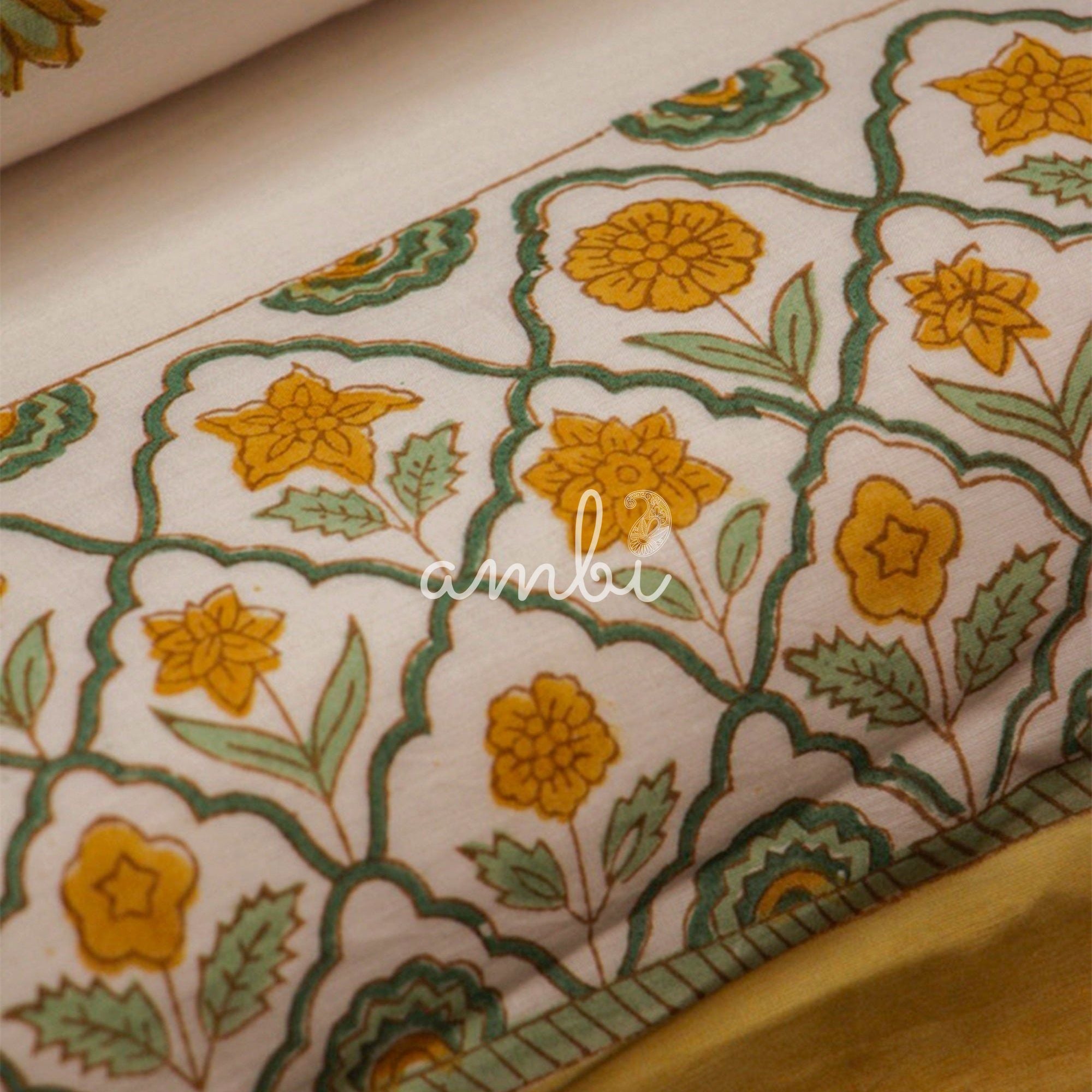 2026 Collection - Jaipuri Yellow Floral Mulmul Triple Layer Reversible Dohar (Double Bed) - 90X108 Inches