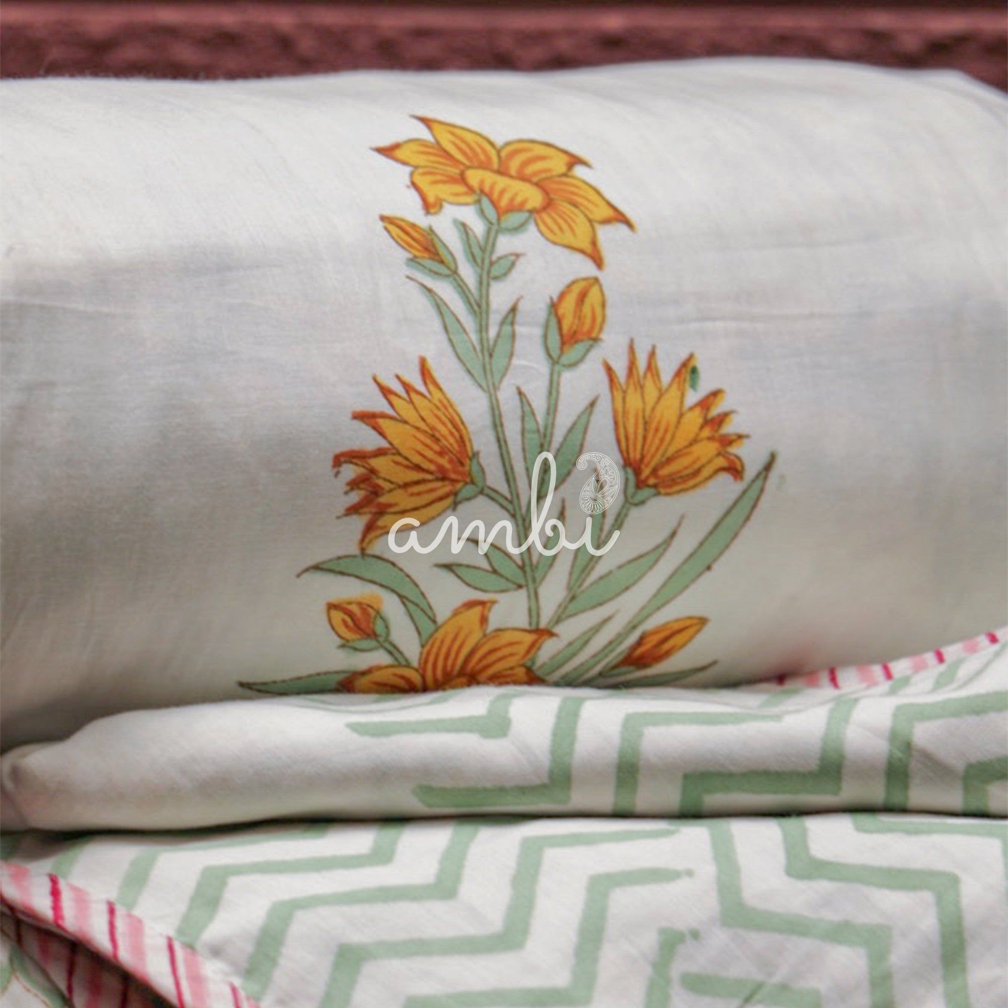 2026 Collection - Jaipuri Orange Floral Mulmul Triple Layer Reversible Dohar (Double Bed) - 90X108 Inches