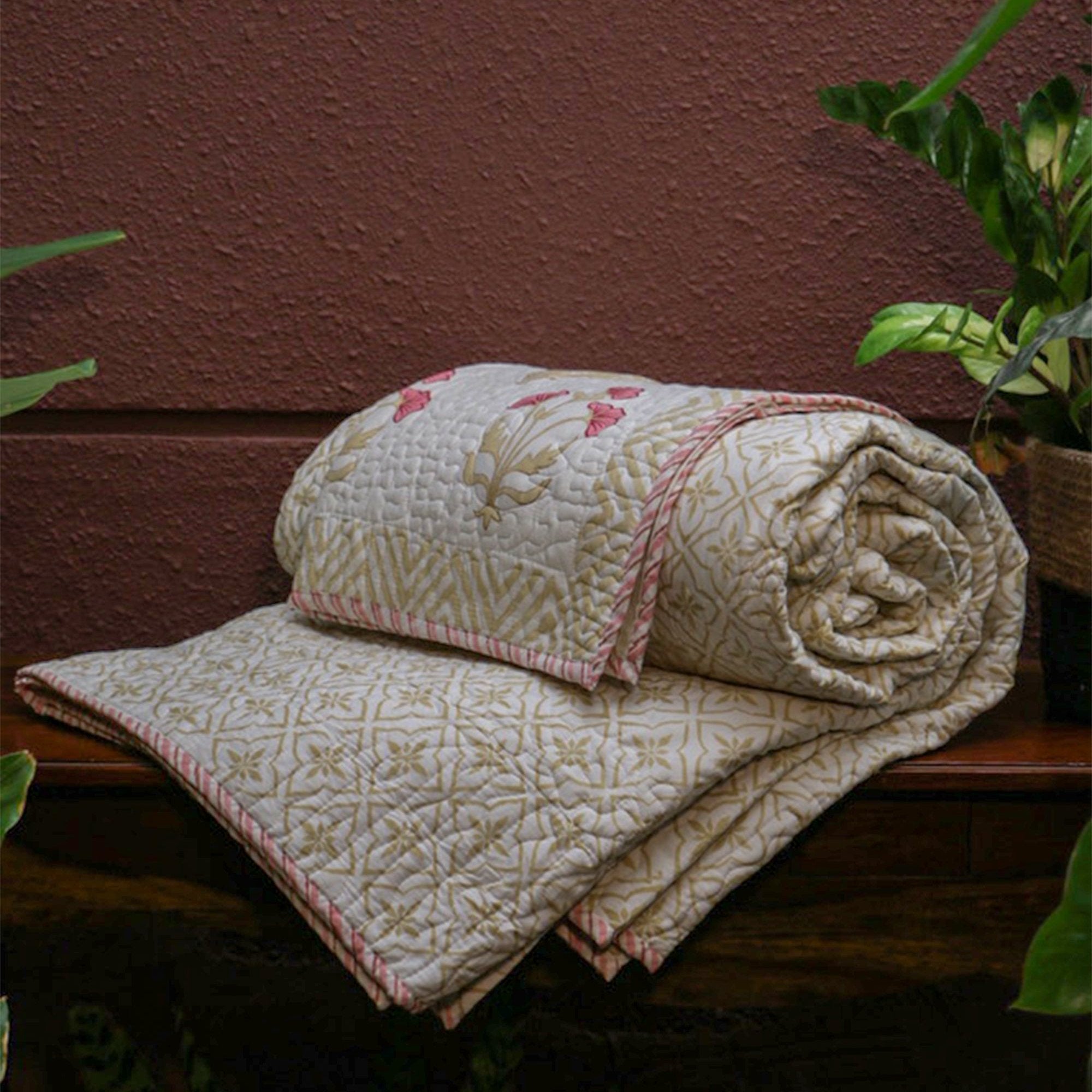 2025 Collection - Bed Cover - Yellow Red Hand Block Printed Jaipuri Quilted Bed Cover with 2 Pillow Covers- Double - 108X108 Inches