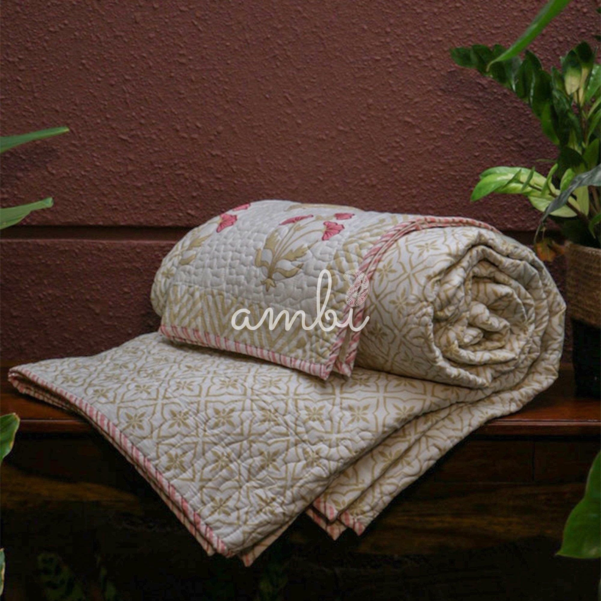 2026 Collection - Bed Cover - Yellow Red Hand Block Printed Jaipuri Quilted Bed Cover with 2 Pillow Covers- Double - 108X108 Inches