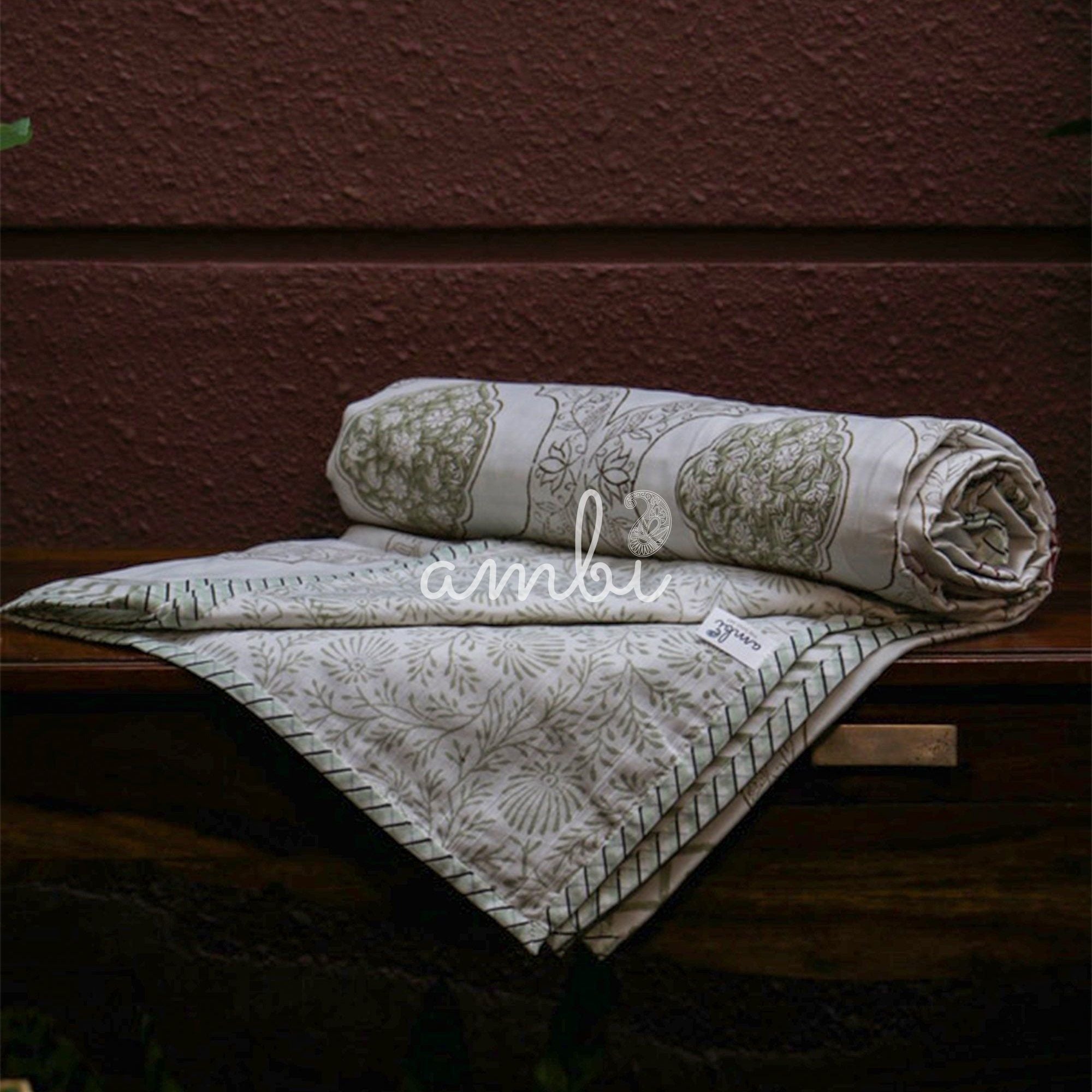 2026 Collection - Serene White Jaipuri Floral Mulmul Triple Layer Reversible Dohar (Single Bed, Pair of 2) - 60X90 Inches