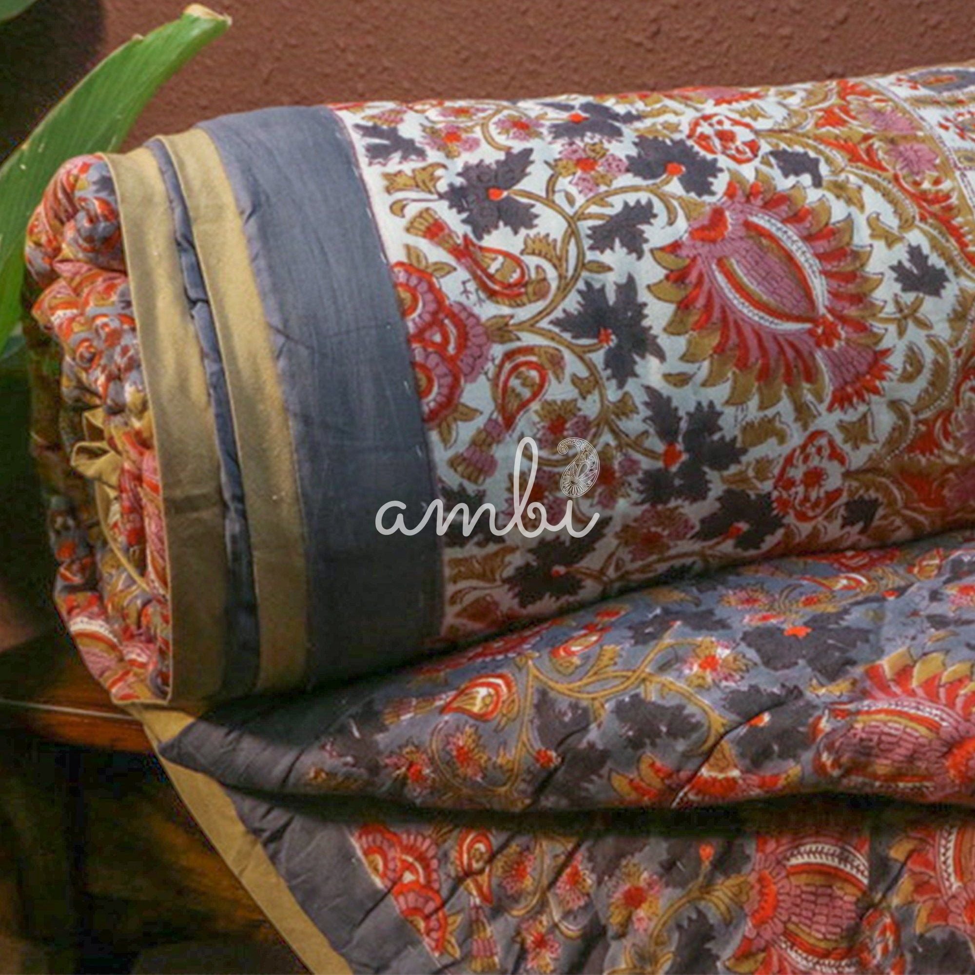 2026 Collection - Pink & Light Blue Hand Block Printed Jaipuri Rajai / Quilt- Double - 90X108 Inches