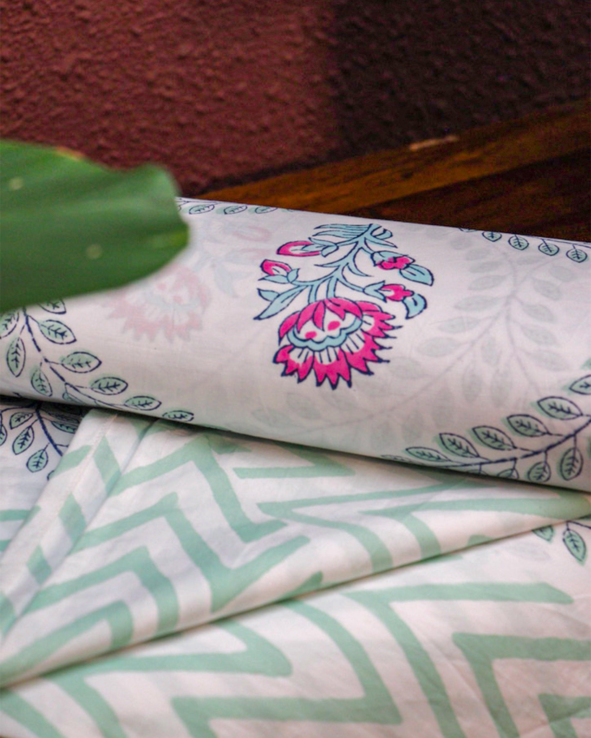 Diwali 2025 Collection. - Bedsheet - Pink Blossom Jaipuri Hand Block Pure Cotton Parkhel Print Double Bedsheet with 2 Pillow Covers - 108X108 Inches