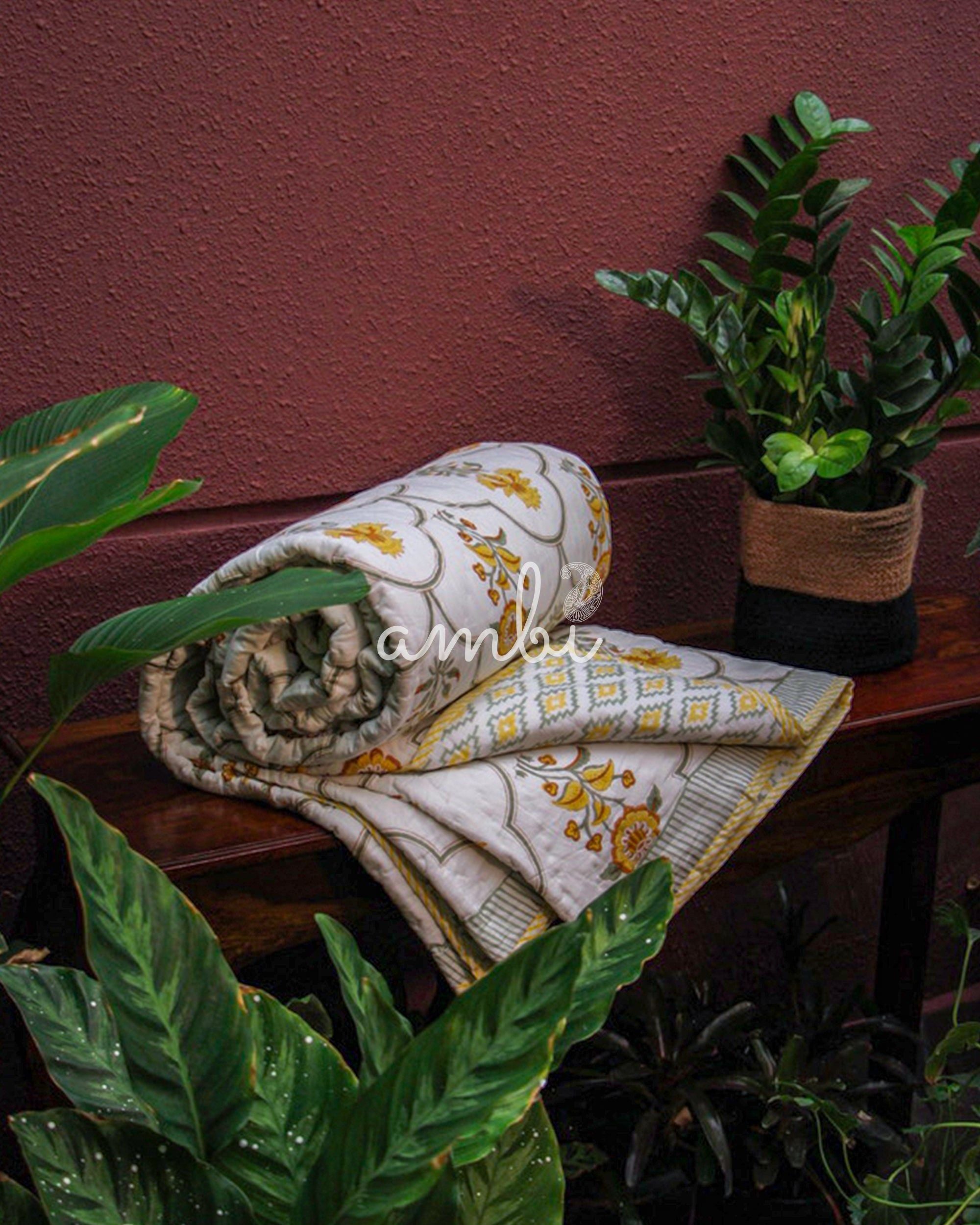 2026 Collection - Floral Yellow Hand Block Printed Jaipuri / Rajai Quilt- Double - 90X108 Inches