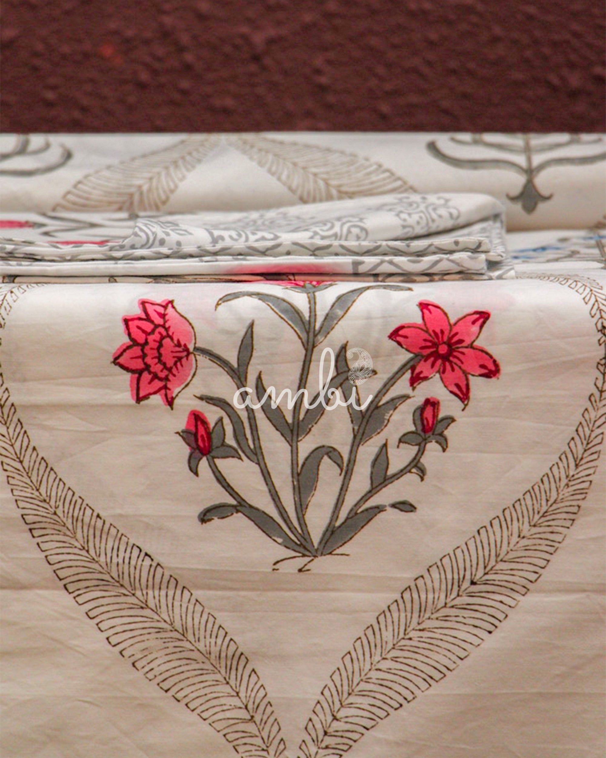 2026 Collection - Bed Sheet - Floral Jaipuri Hand Block Pure Cotton Parkhel Print Double Bedsheet with 2 Pillow Covers - 90X108 Inches