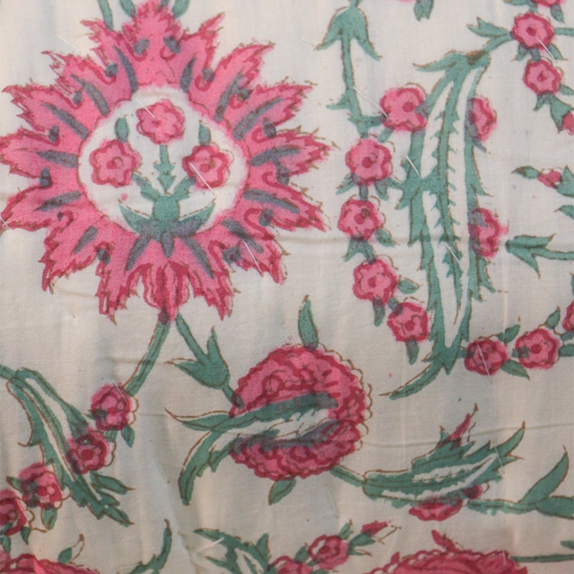 2026 Collection - Pink & Green Hand Block Printed Jaipuri Rajai / Quilt- Double - 90X108 Inches