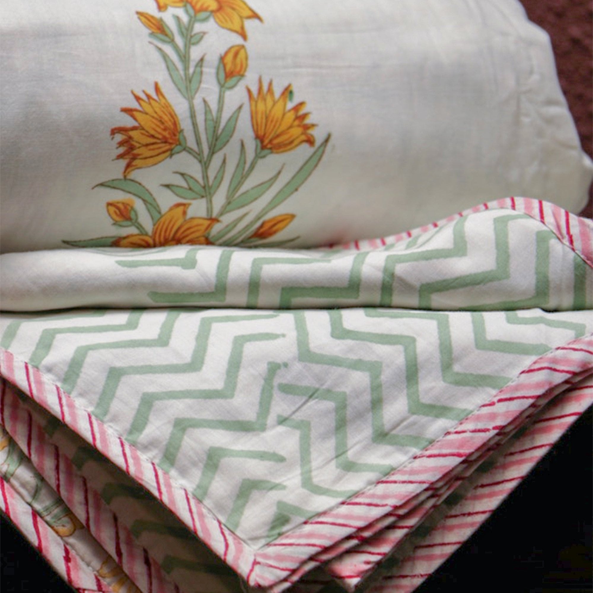 2026 Collection - Jaipuri Orange Floral Mulmul Triple Layer Reversible Dohar (Double Bed) - 90X108 Inches