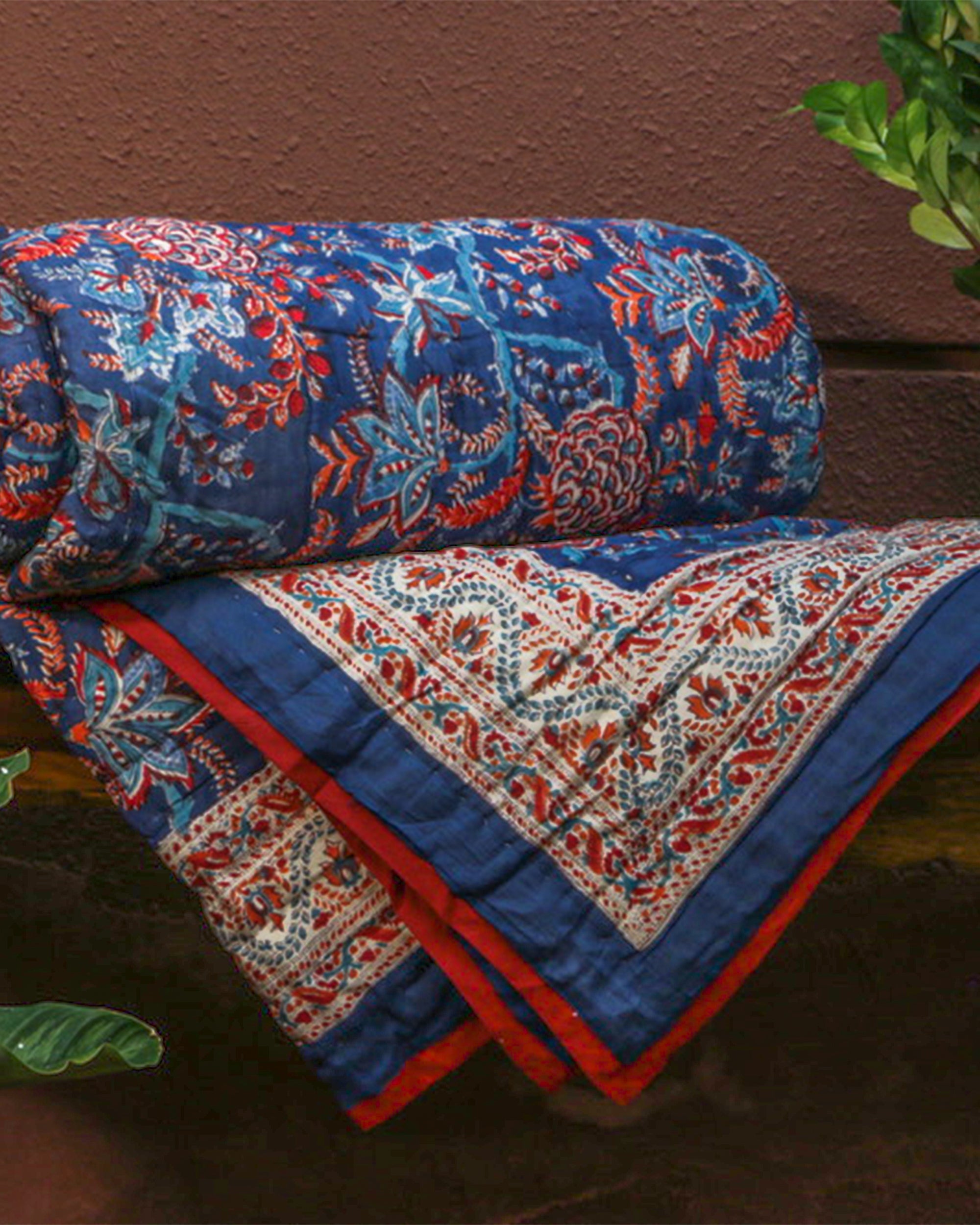 Diwali 2025 Collection - Dark Blue and Red Hand Block Printed Jaipuri Rajai / Quilt- Double - 90X108 Inches