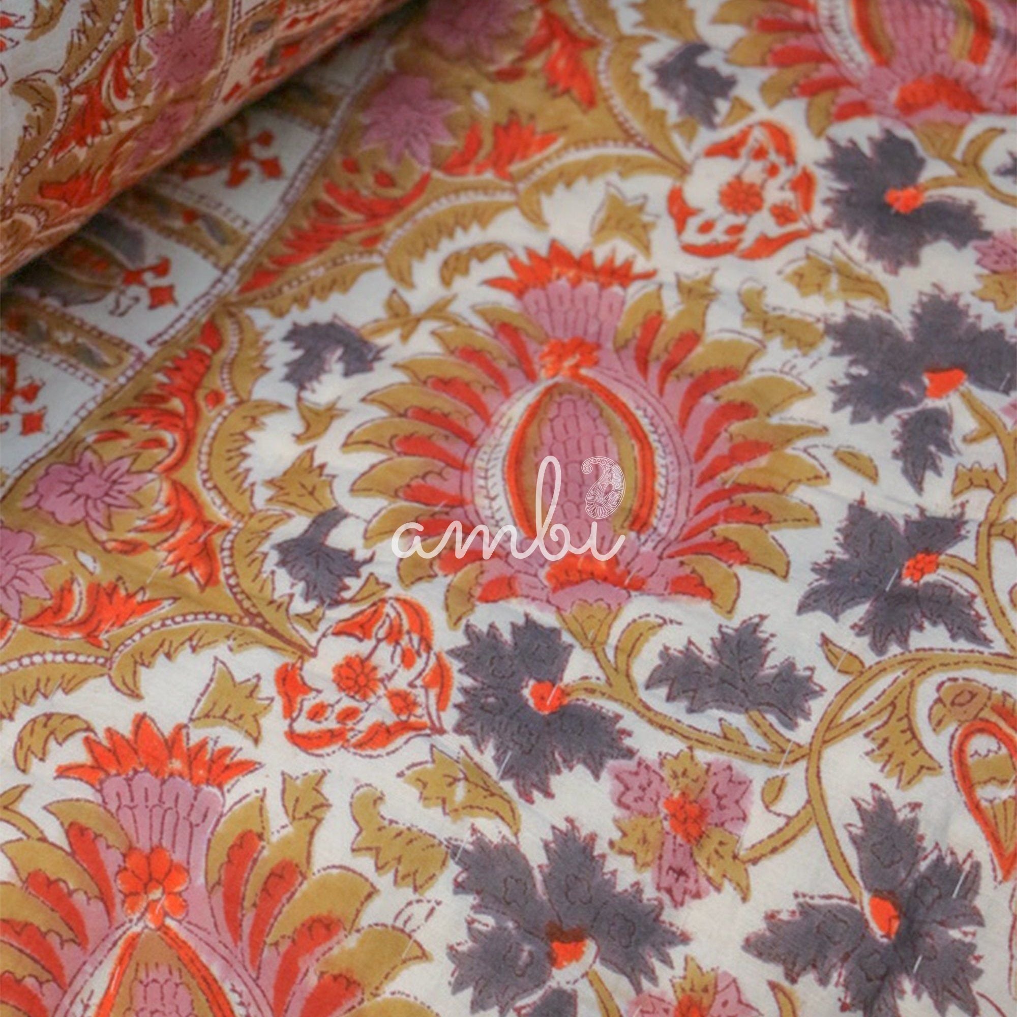 2026 Collection - Pink & Light Blue Hand Block Printed Jaipuri Rajai / Quilt- Double - 90X108 Inches