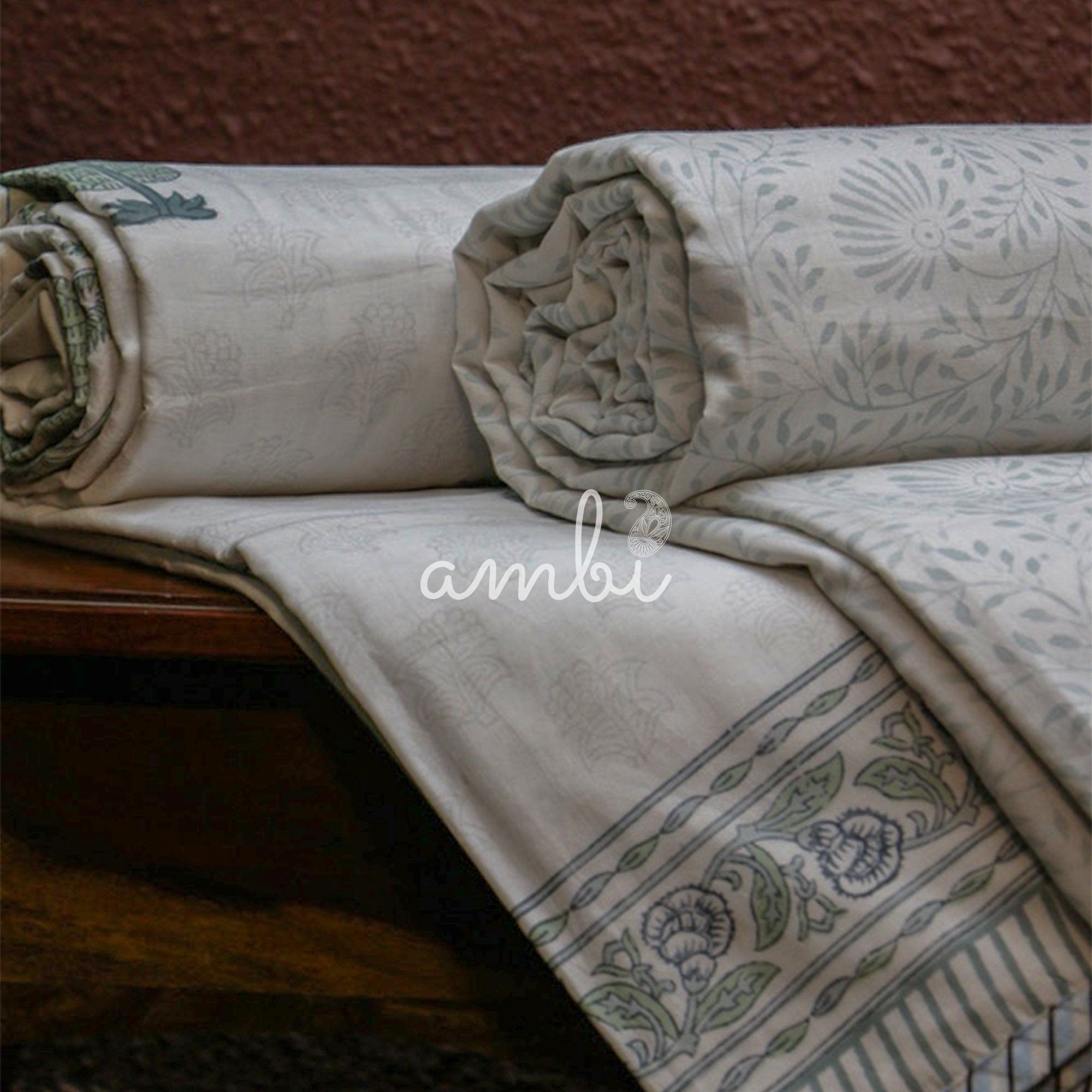 2026 Collection - Light Blue Jaipuri Floral Mulmul Triple Layer Reversible Dohar (Single Bed, Pair of 2) - 60X90 Inches