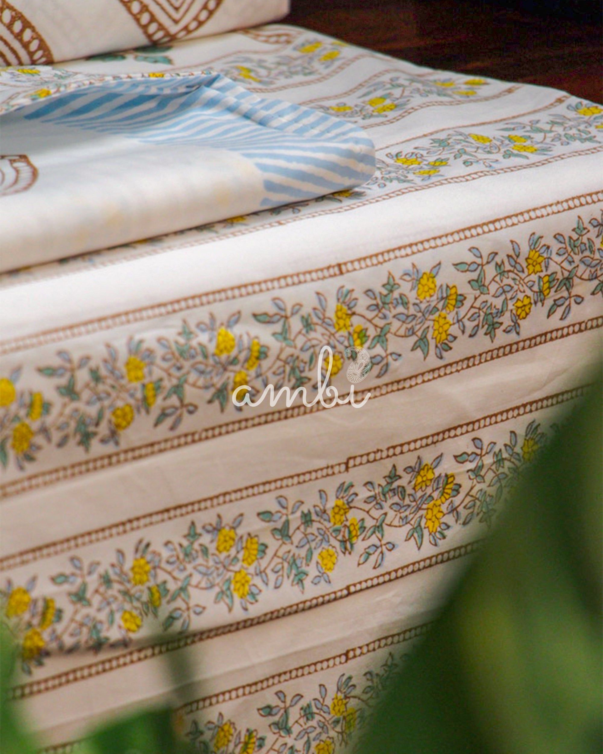 2026 Collection - Bed Sheet - Blue Floral Jaipuri Hand Block Pure Cotton Parkhel Print Double Bedsheet with 2 Pillow Covers - 90X108 Inches