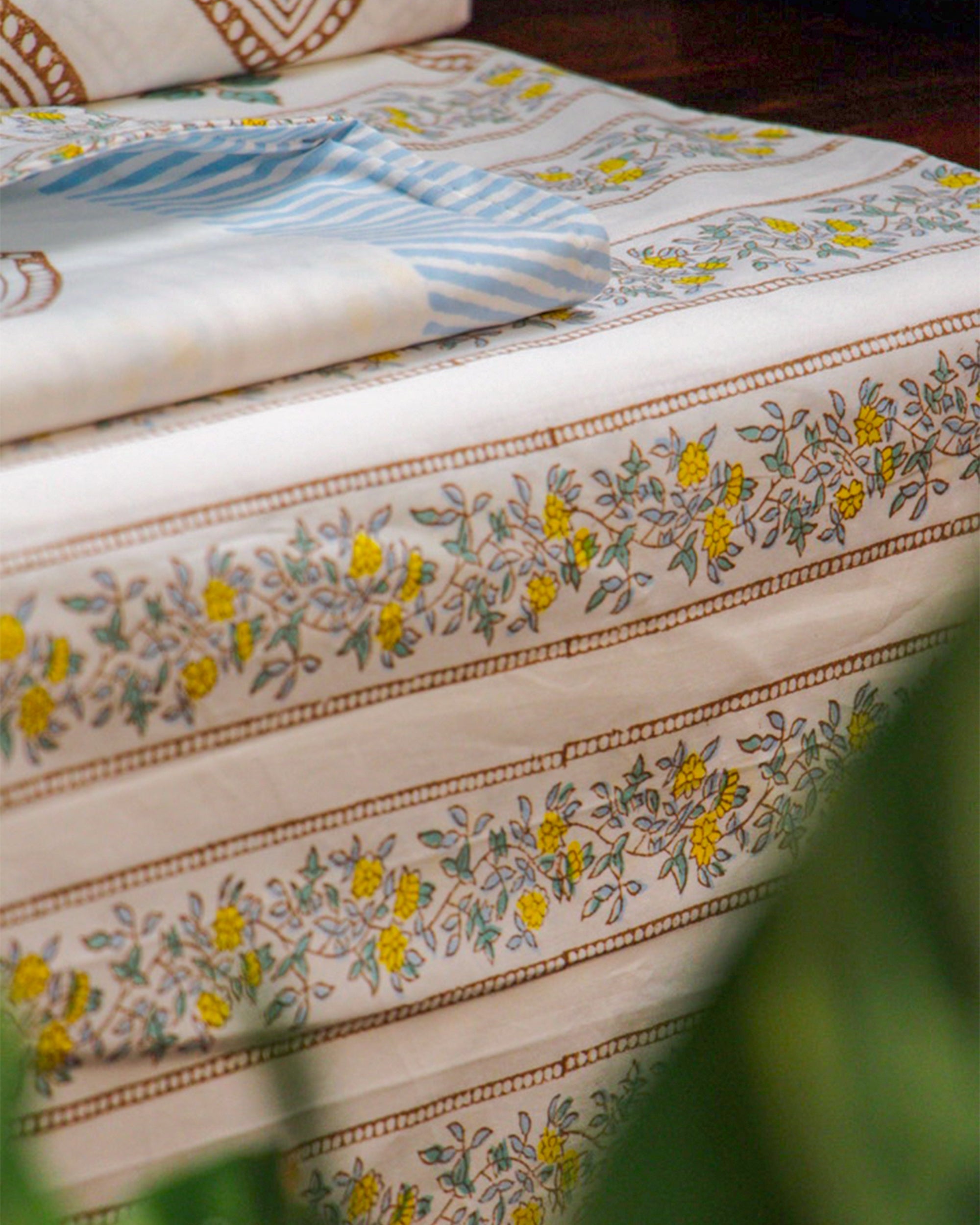 2026 Collection - Bed Sheet - Blue Floral Jaipuri Hand Block Pure Cotton Parkhel Print Double Bedsheet with 2 Pillow Covers - 90X108 Inches