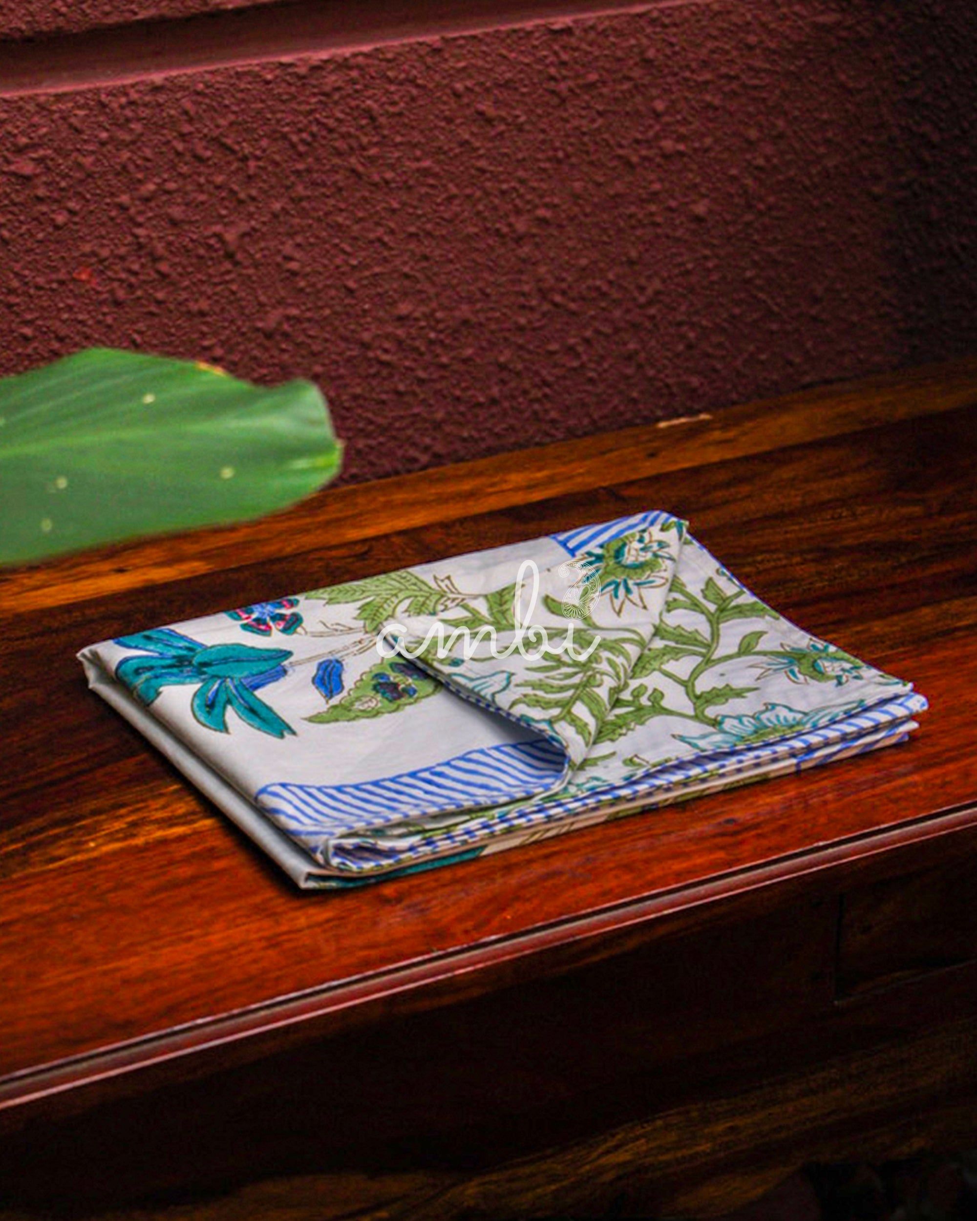 2026 Collection - Bed Sheet - Blue Blossom Jaipuri Hand Block Pure Cotton Parkhel Print Double Bedsheet with 2 Pillow Covers - 90X108 Inches