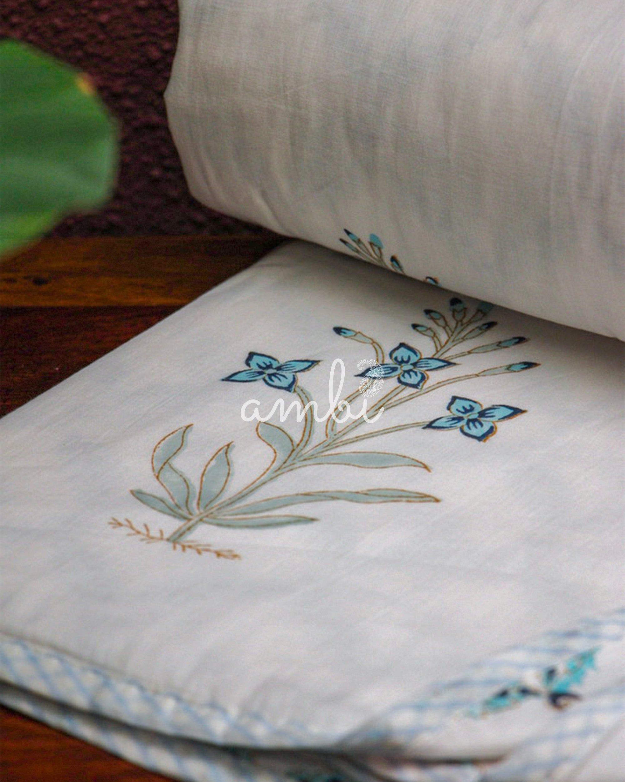 2026 Collection - Jaipuri Blue Floral Mulmul Triple Layer Reversible Dohar (Double Bed) - 90X108 Inches