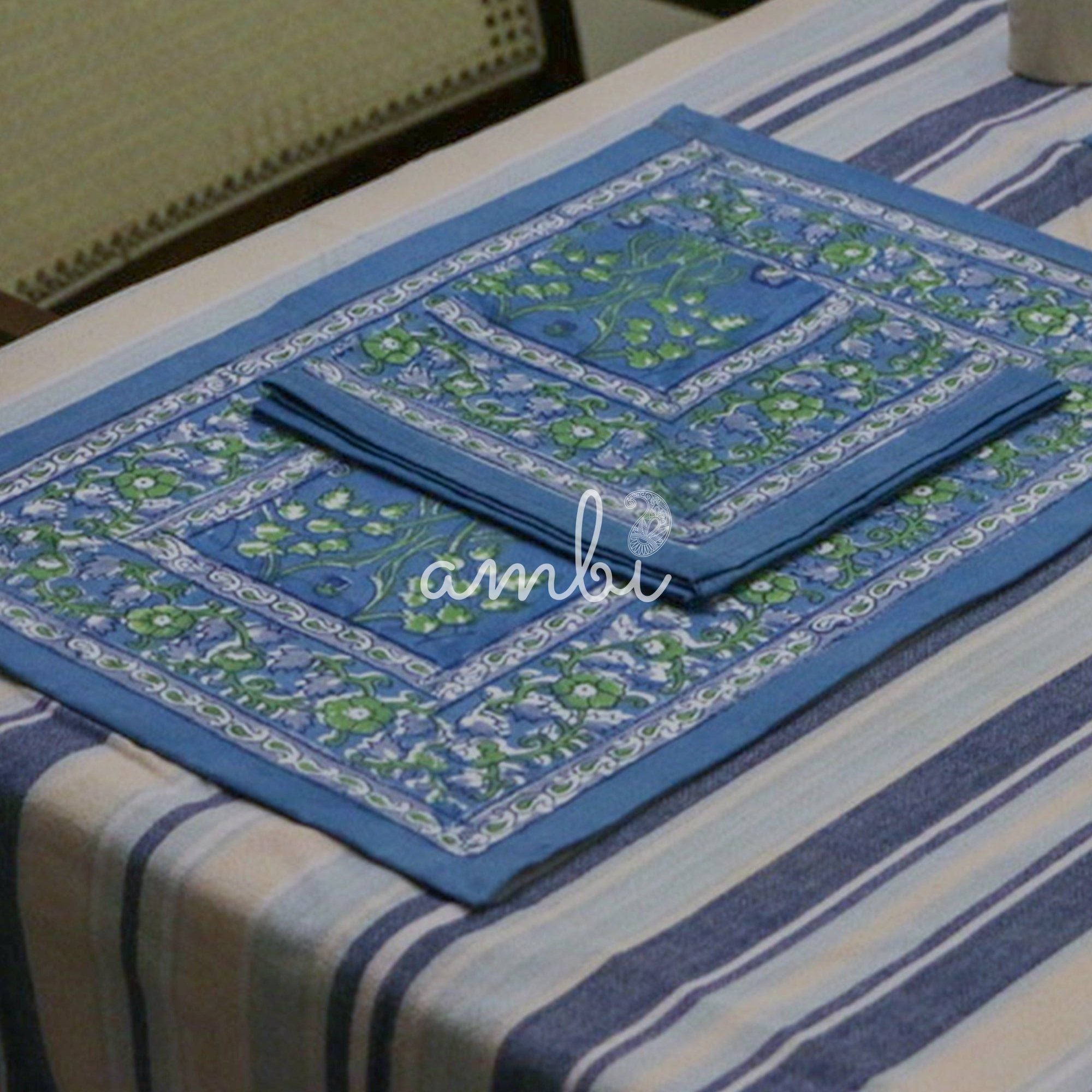 2026 Collection - Hand Block Printed 6 Table Mats + 6 Table Napkins + Runner