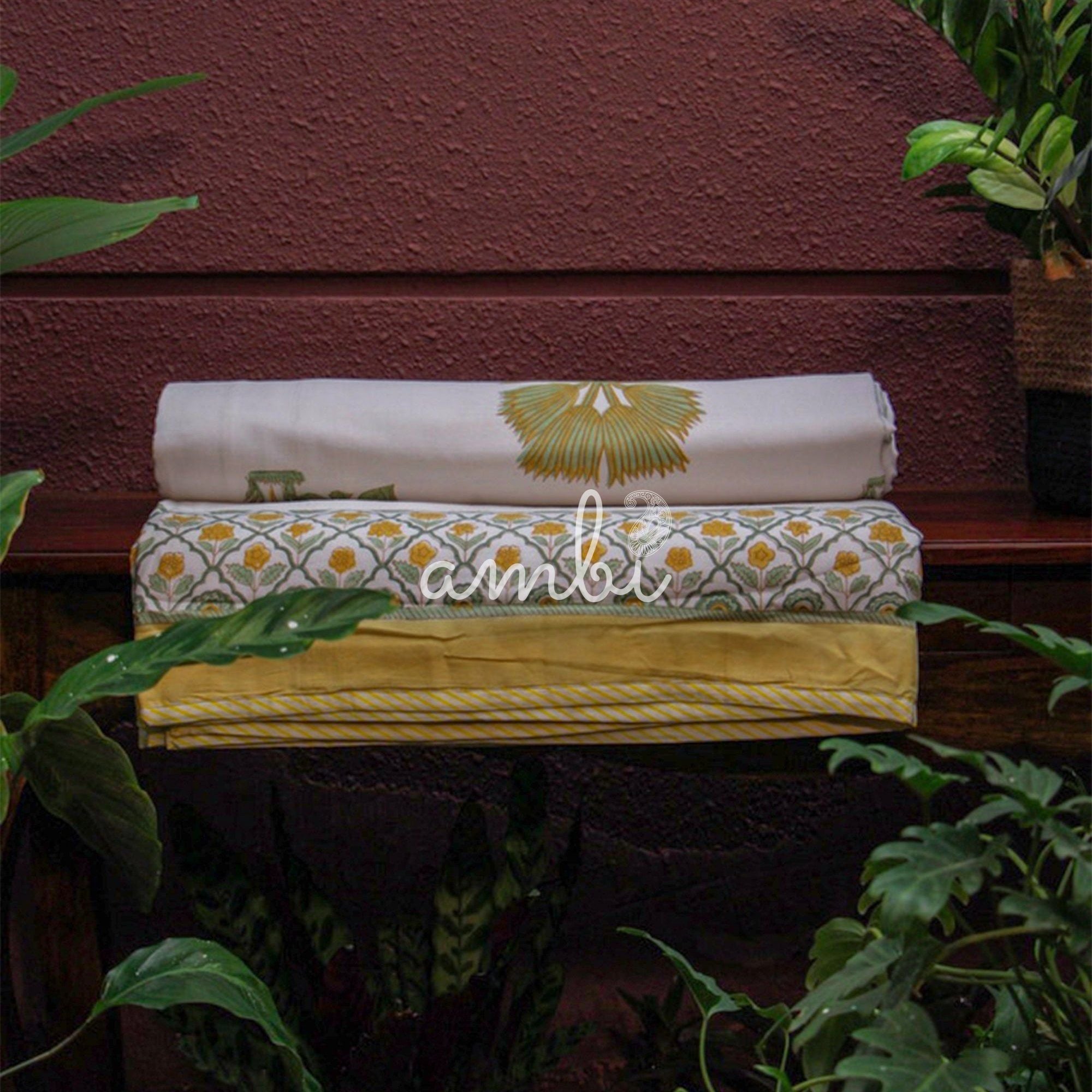 2026 Collection - Jaipuri Yellow Floral Mulmul Triple Layer Reversible Dohar (Double Bed) - 90X108 Inches