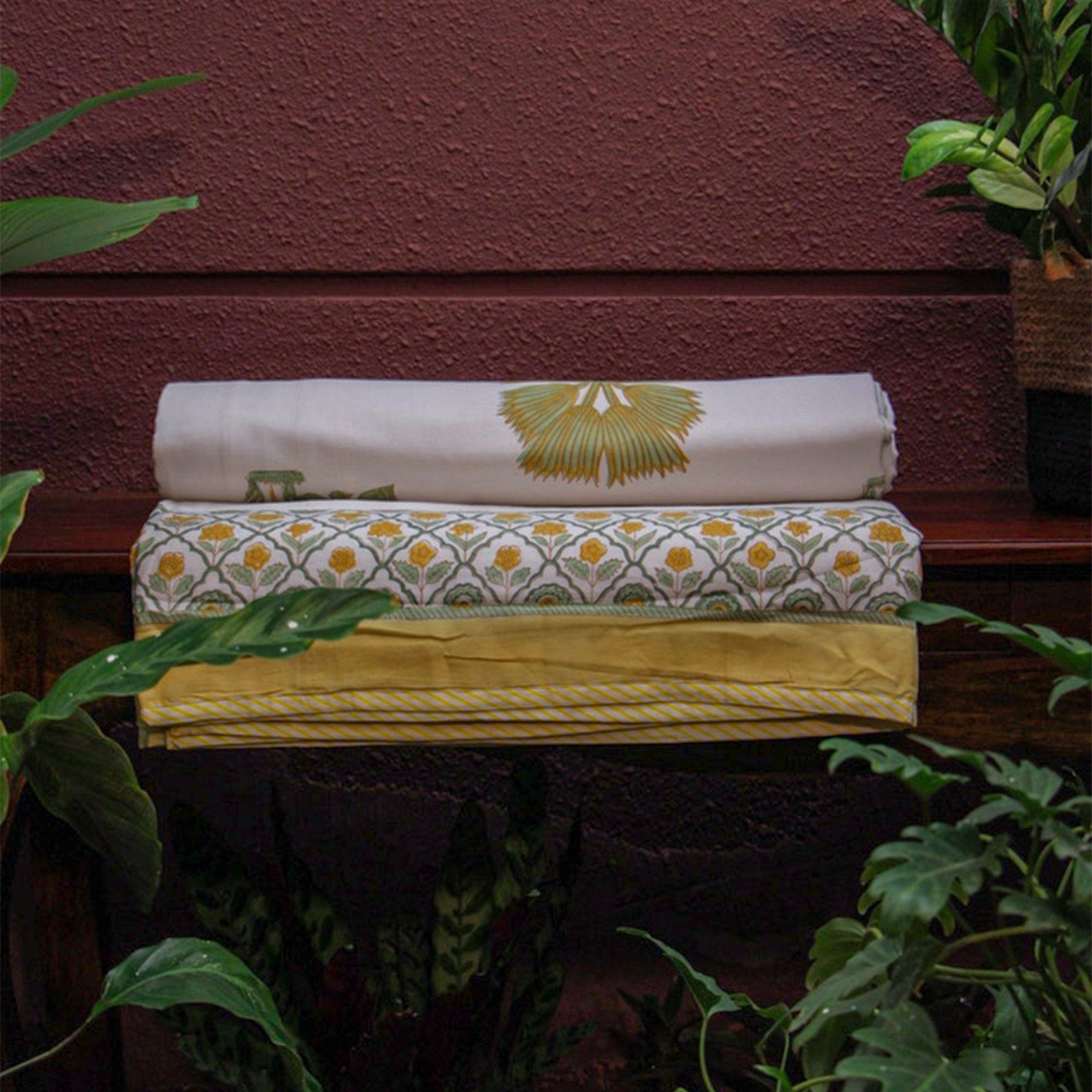 2026 Collection - Jaipuri Yellow Floral Mulmul Triple Layer Reversible Dohar (Double Bed) - 90X108 Inches