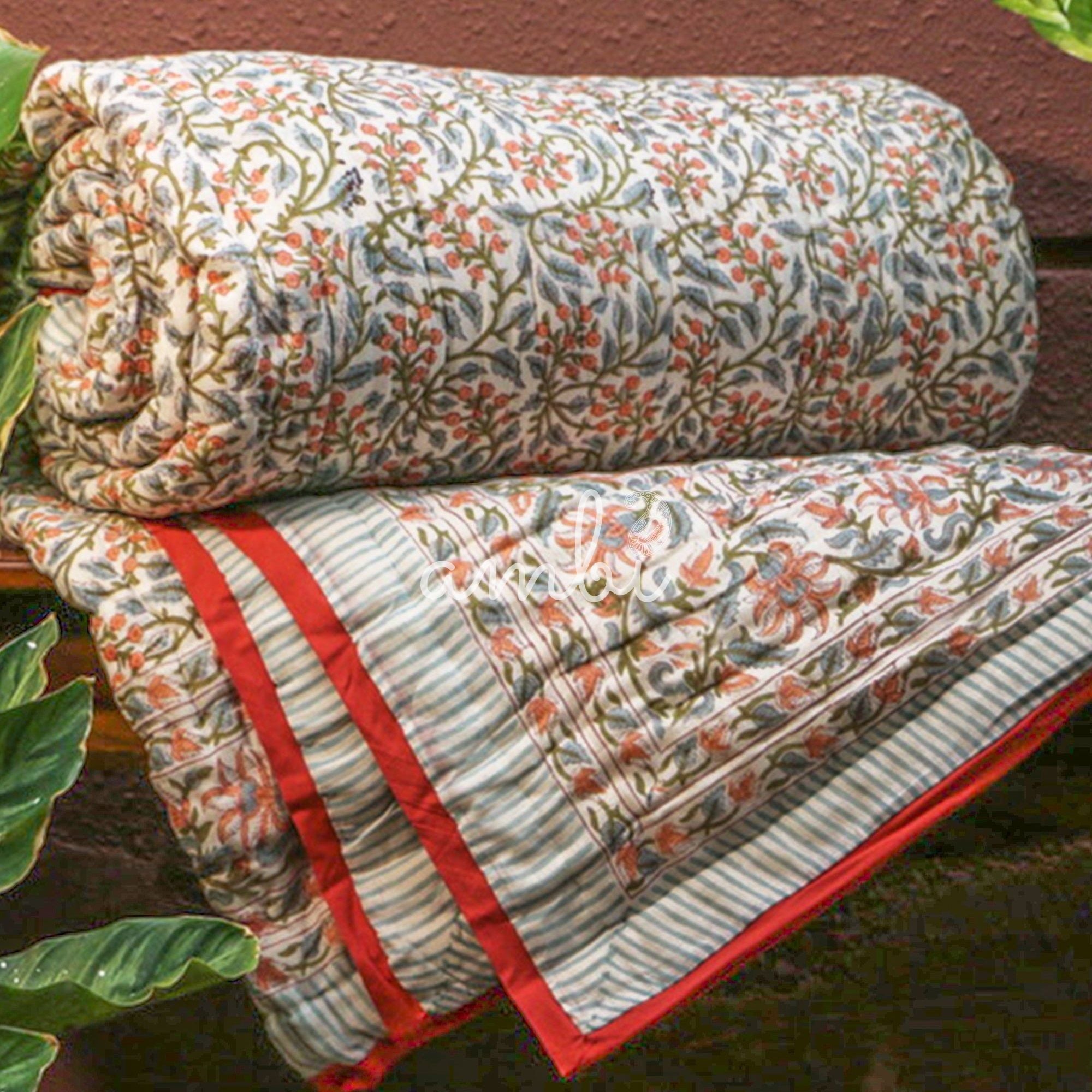 2026 Collection - Pink Flowers Hand Block Printed Jaipuri Rajai Quilt- Double - 90X108 Inches