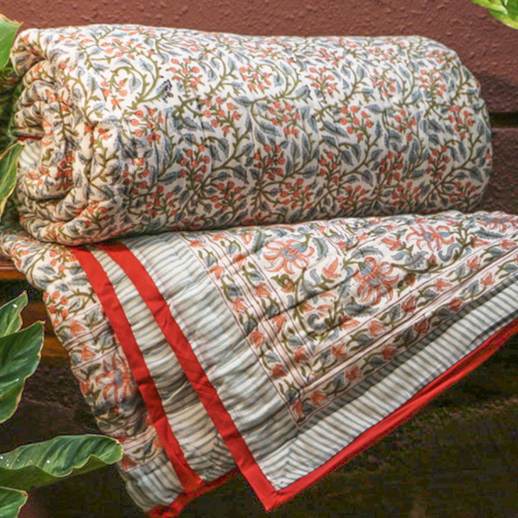 2026 Collection - Pink Flowers Hand Block Printed Jaipuri Rajai Quilt- Double - 90X108 Inches