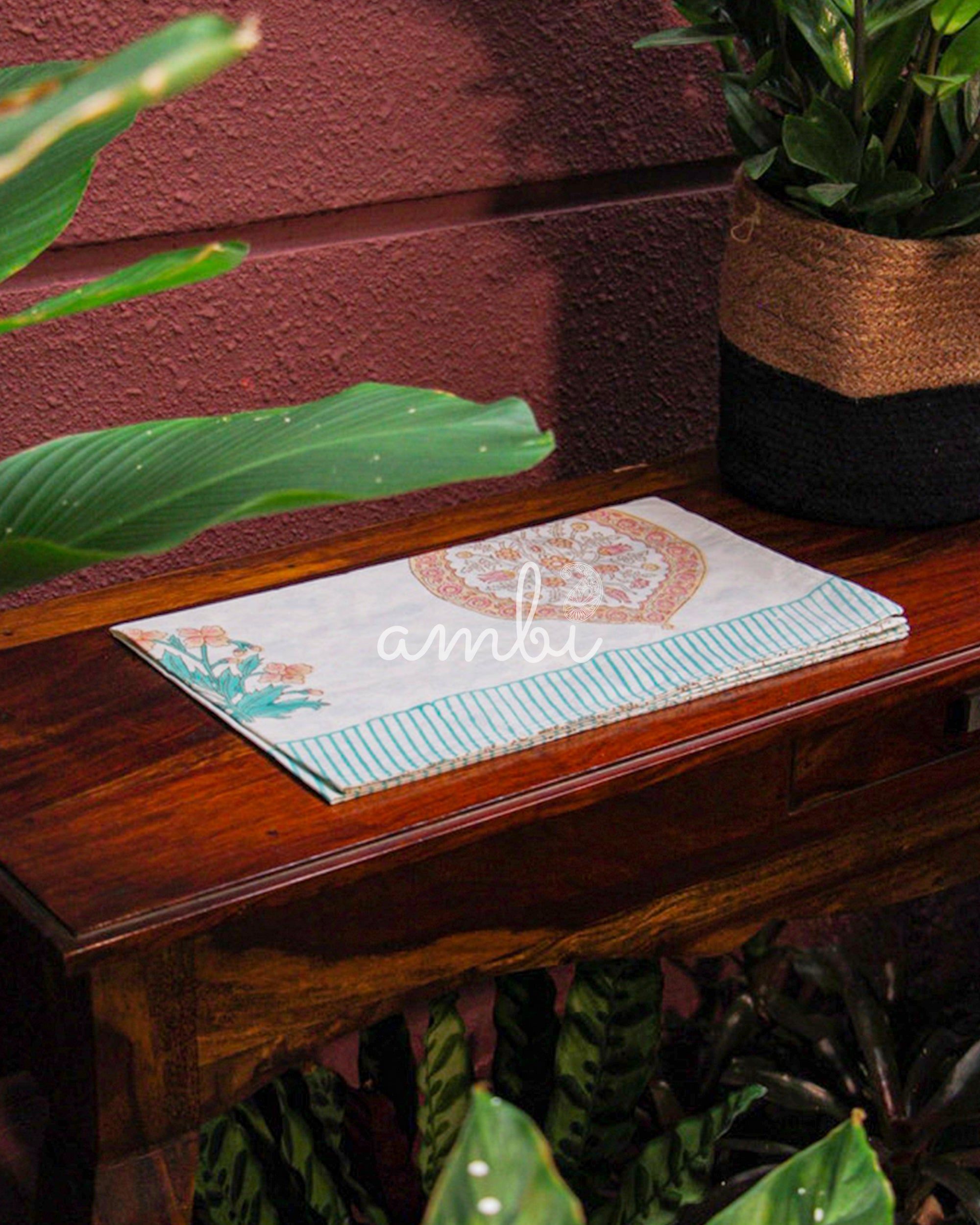 2026 Collection - Orange Blossom Jaipuri Hand Block Pure Cotton Parkhel Print Double Bedsheet with 2 Pillow Covers - 108X108 Inches