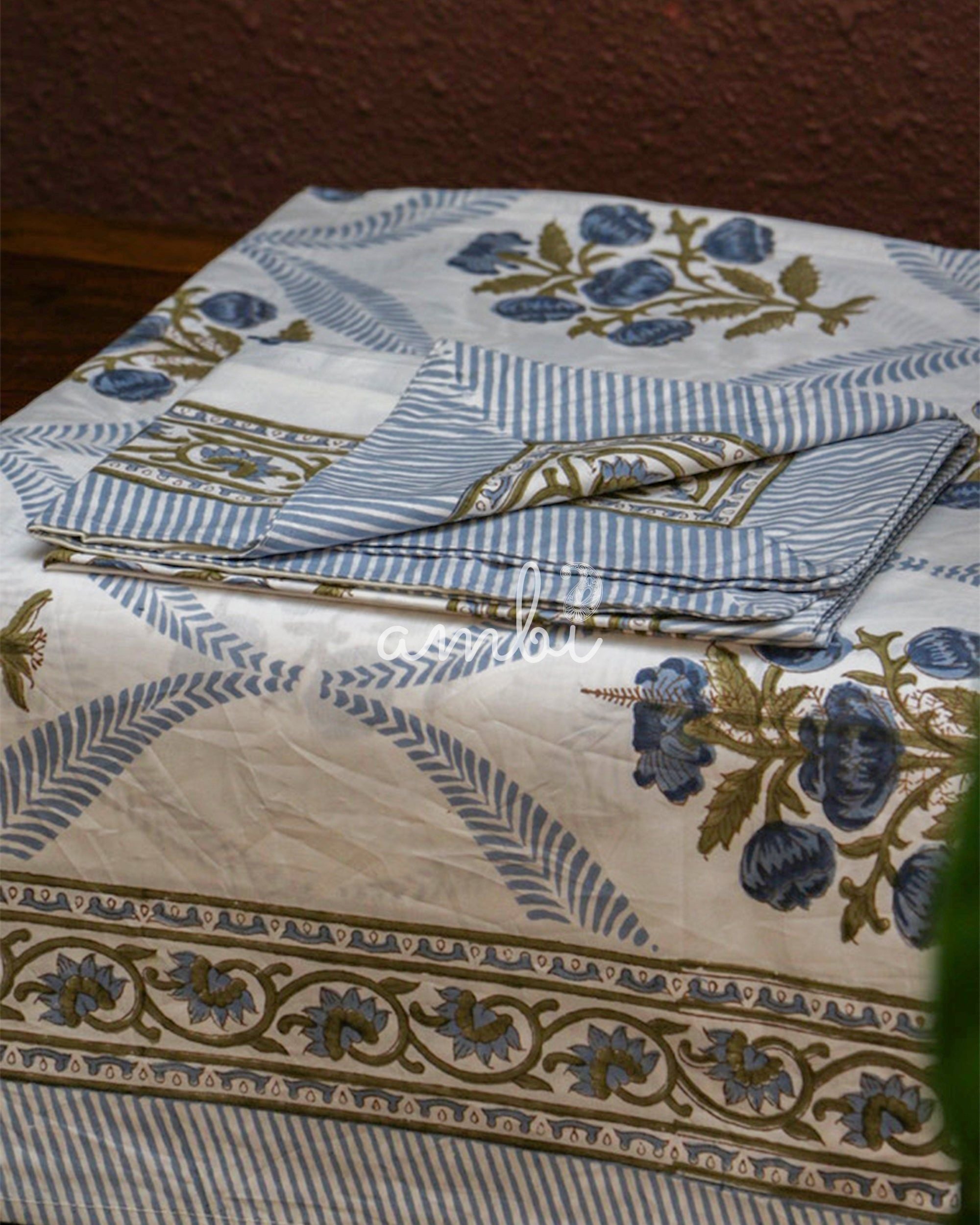 2026 Collection - Bed Sheet - Blue Blossom Jaipuri Hand Block Pure Cotton Parkhel Print Double Bedsheet with 2 Pillow Covers - 108X108 Inches